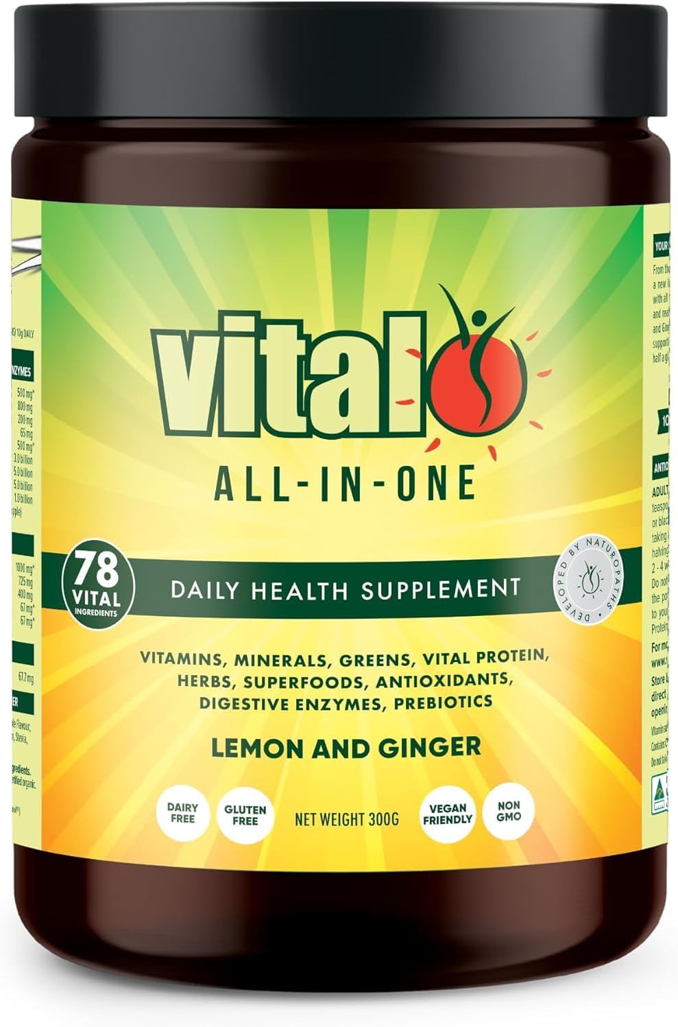 Vital All-in-One Daily Powdered Supplement - Natural Greens Superfood Powder for Energy & Wellbeing, Super Greens Powder Drink Mix with Probiotic & Antioxidant Support - Lemon & Ginger, 120 g - görsel 7