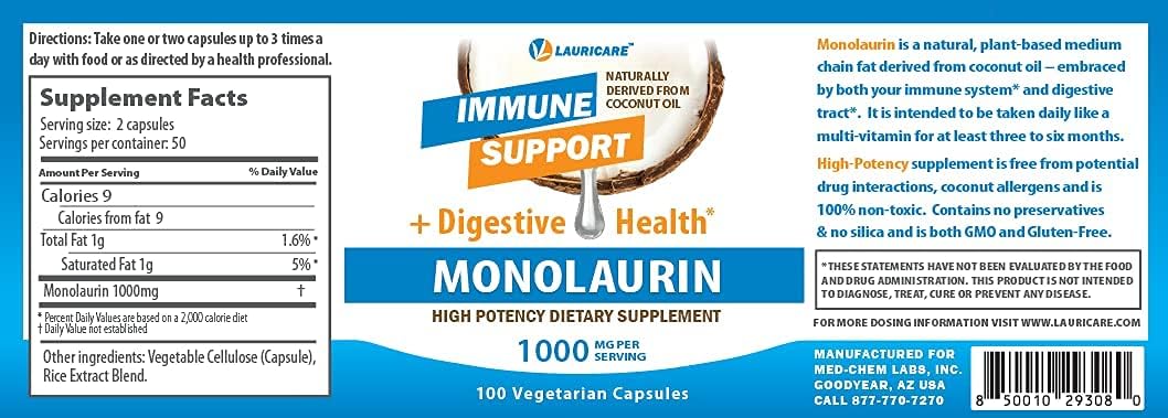 Lauricare Monolaurin Food Supplement for Immune & Gut Health - 1000mg per Serving - 100 Capsules - görsel 7