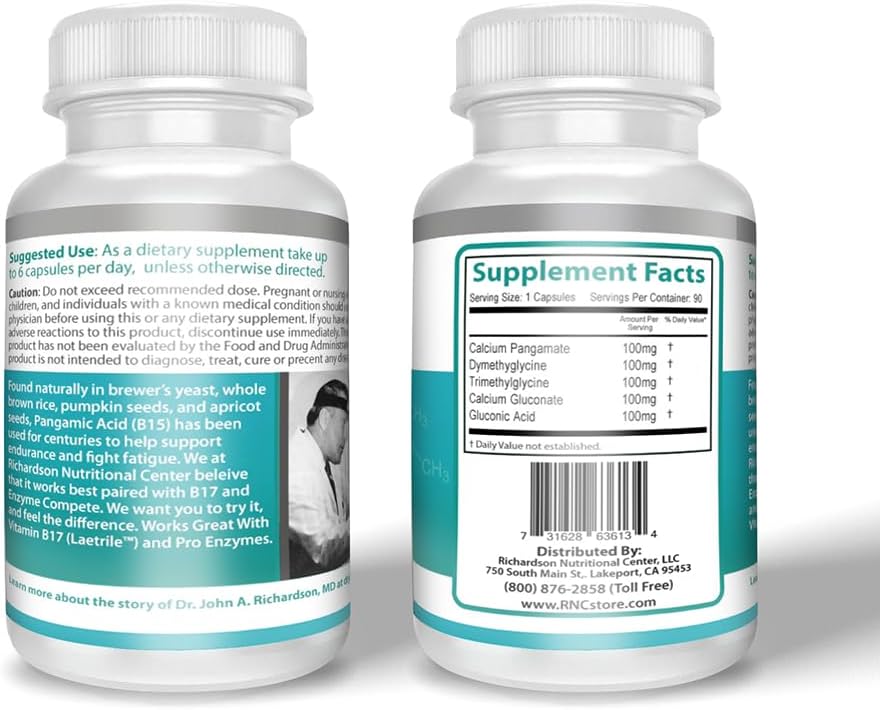 Richardson Nutritional Centre B15 Complete Extra Strength, Pangamic Acid, with TMG, DMG 500mg 90 Capsules - Supports Healthy Oxygen & Energy Levels - görsel 6