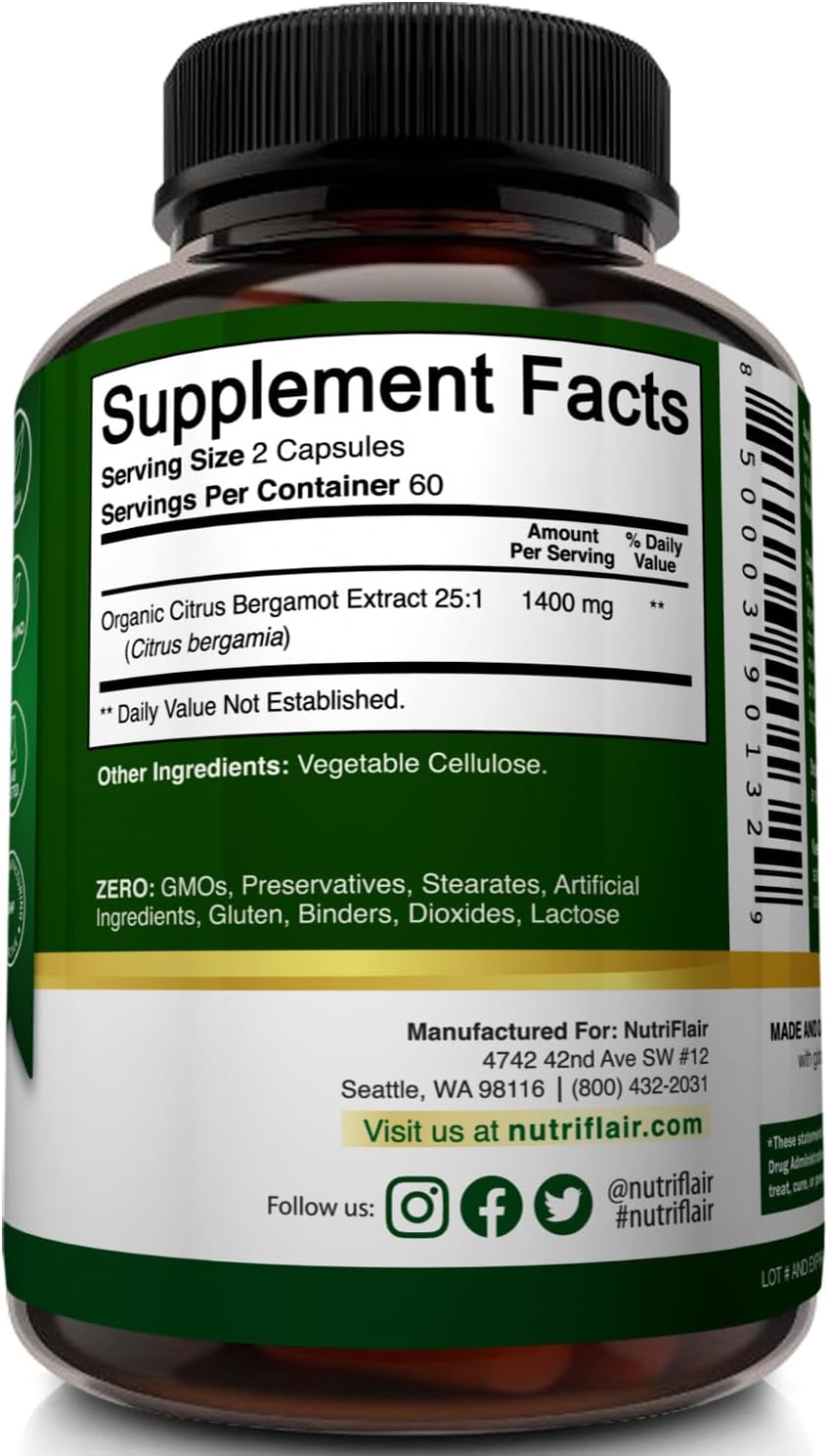 NutriFlair Organic Citrus Bergamot 1400mg - 25:1 Extract - Heart Health Supplement, 120 Vegan Capsules – Image 7