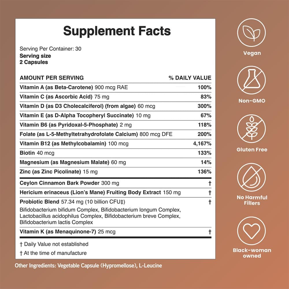 Mela Daily Essentials Multivitamin for Melanated Women - High-Dose Vitamin D3 and B12, Probiotics, Lion's Mane, Ceylon Cinnamon - Vegan, Gluten-Free, Non-GMO, 30-Day Supply (60 Capsules) - görsel 6