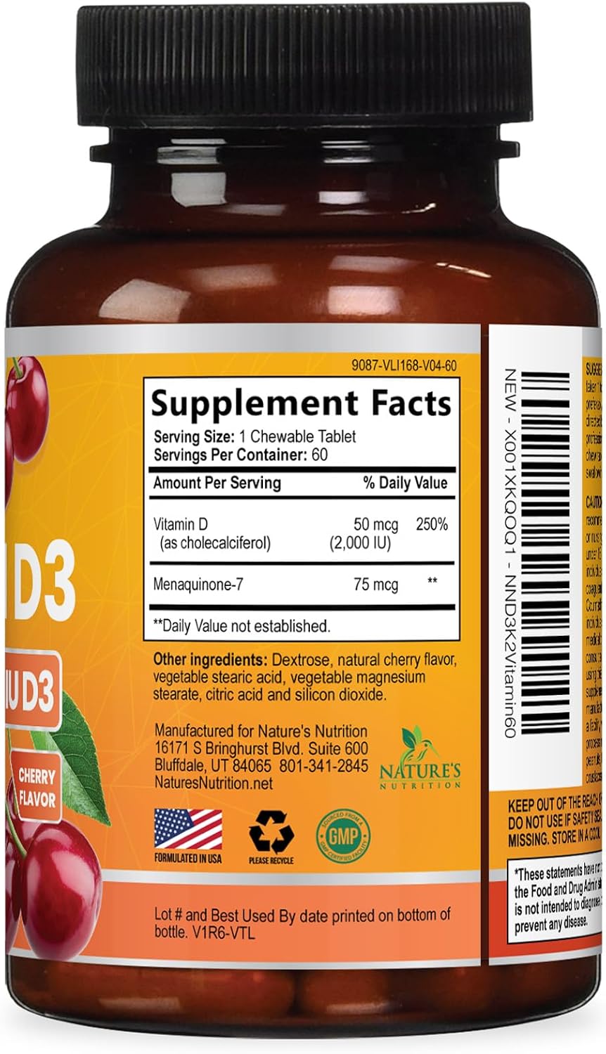 Nature's Nutrition Vitamin D3 K2 Chewable - 2000 IU D3 + 75 mcg MK-7 - Berry Flavour - 60 Tablets - görsel 9