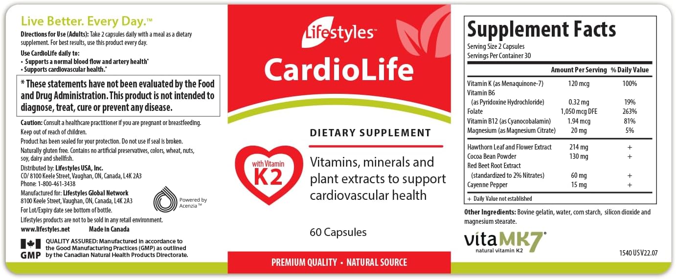 Intra Lifestyles CardioLife Supplement – Herbal Heart Health Support with Vitamin K2 (MK7), Folic Acid, Beetroot, Cayenne Extract & More – Made in Canada – 60 Capsules - görsel 7