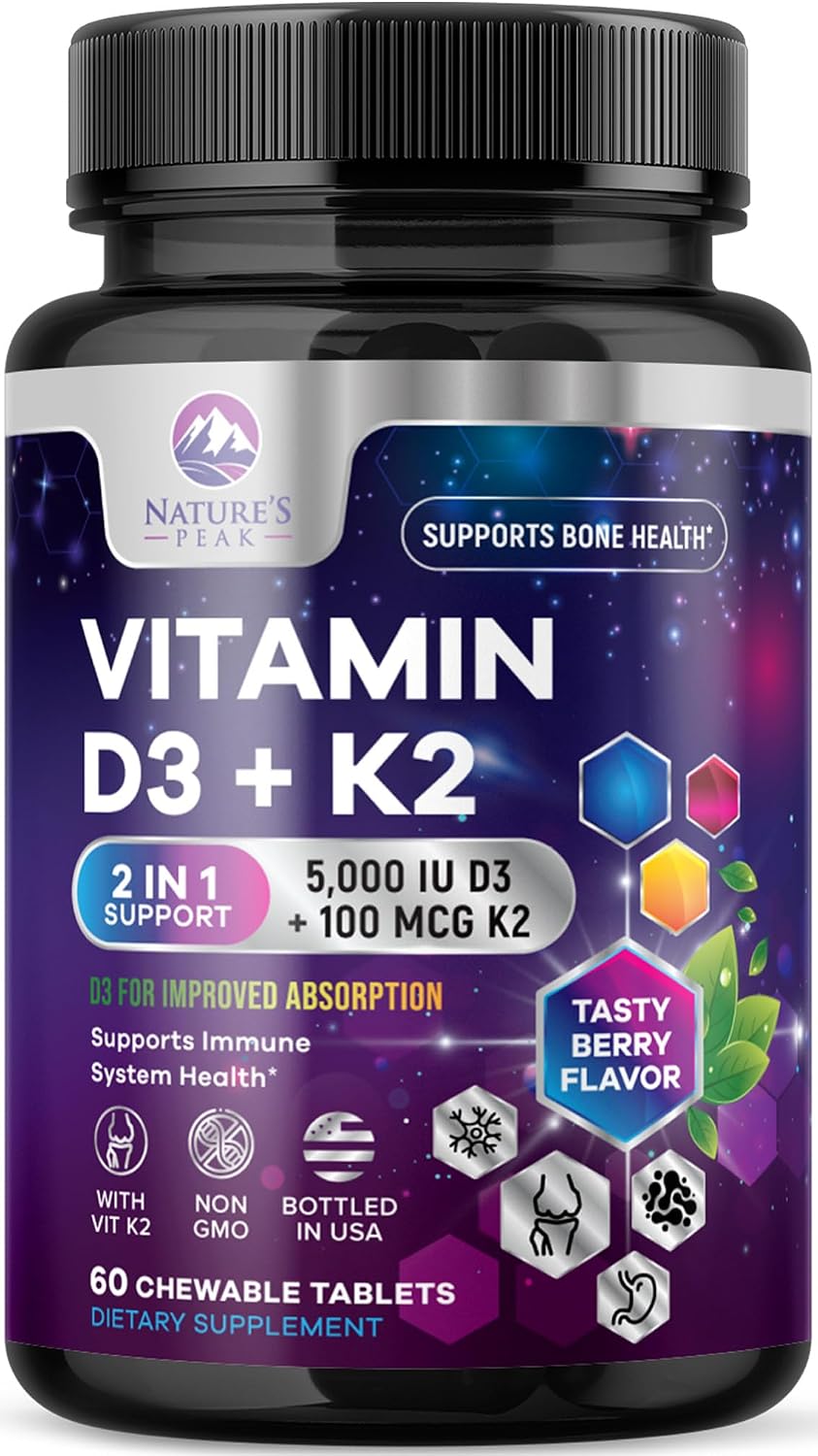 Vitamin D3 K2 - 5000 IU Vitamin D3 & 100 mcg Vitamin K2 MK-7 per Serving - Bone, Heart, & Immune Health Support - Calcium Absorption - D3K2 Berry Chew, Gluten-free, Non-GMO - 120 Tablets - görsel 10