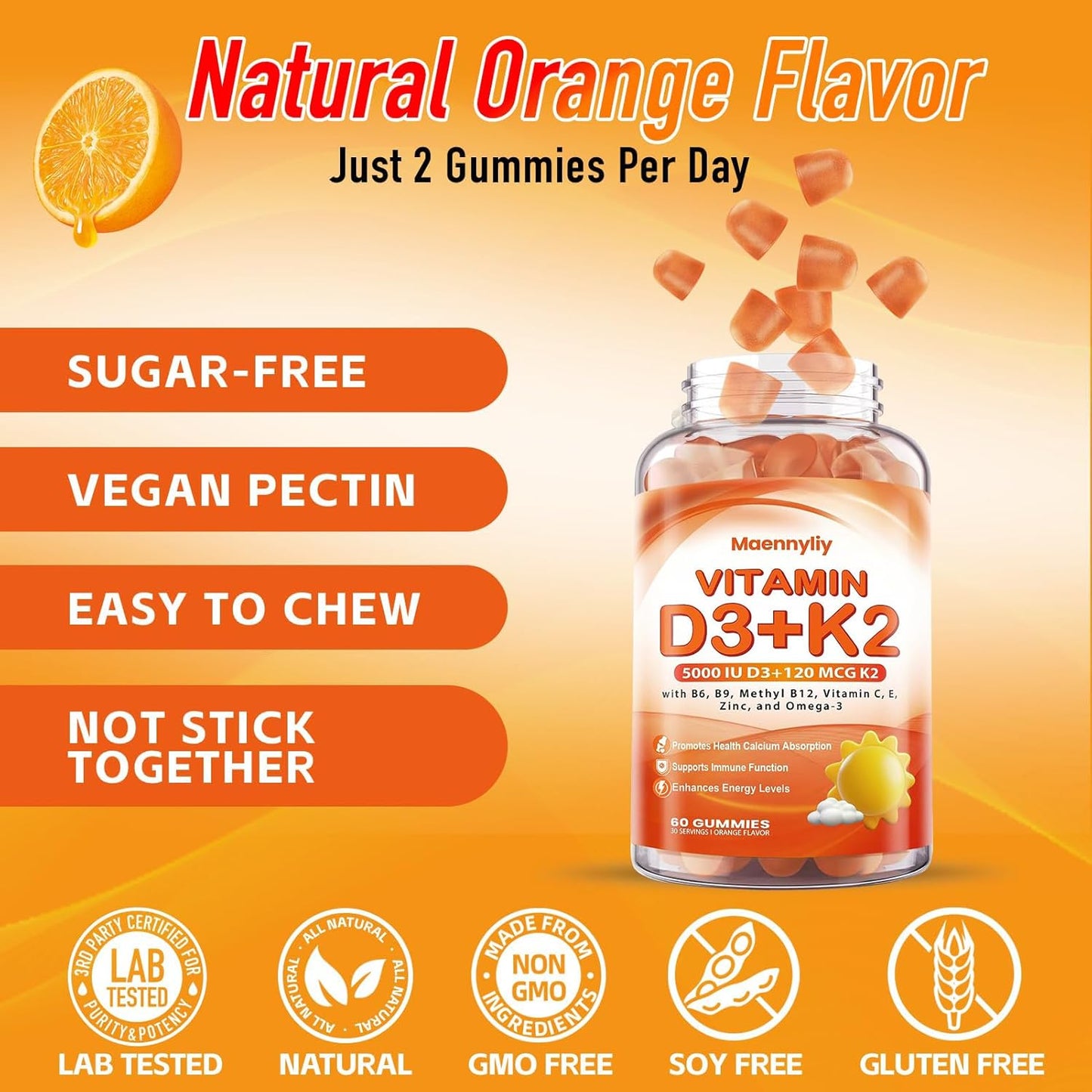 Vitamin D3 K2 Gummies for Adults - 5000 IU D3 + 120 mcg K2 (MK-7) - Sugar-Free with Omega-3 and B Vitamins - görsel 7
