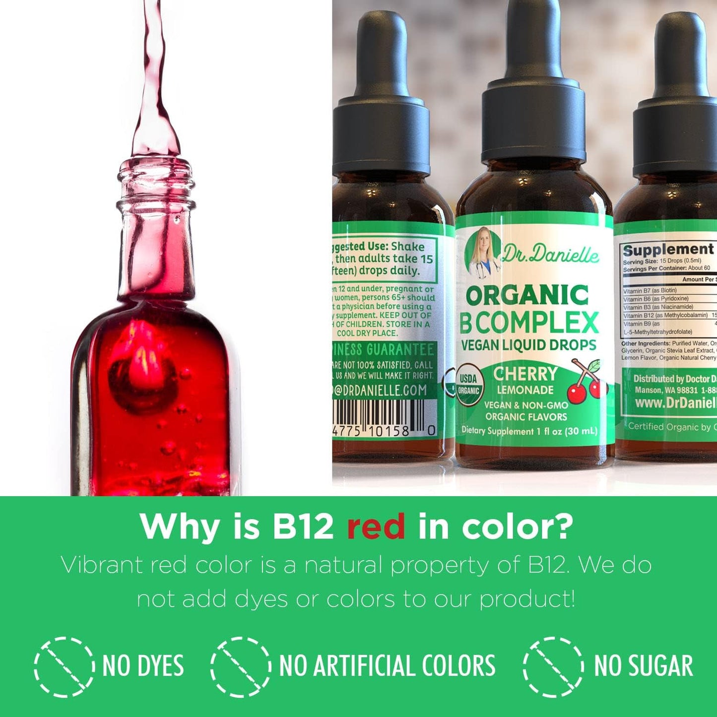 Doctor Danielle Organic Vitamin B Complex Liquid Drops - B3, B6, B7, B9, Methyl B12 - Vegan Cherry Flavour 30ml (60 Servings) - görsel 6