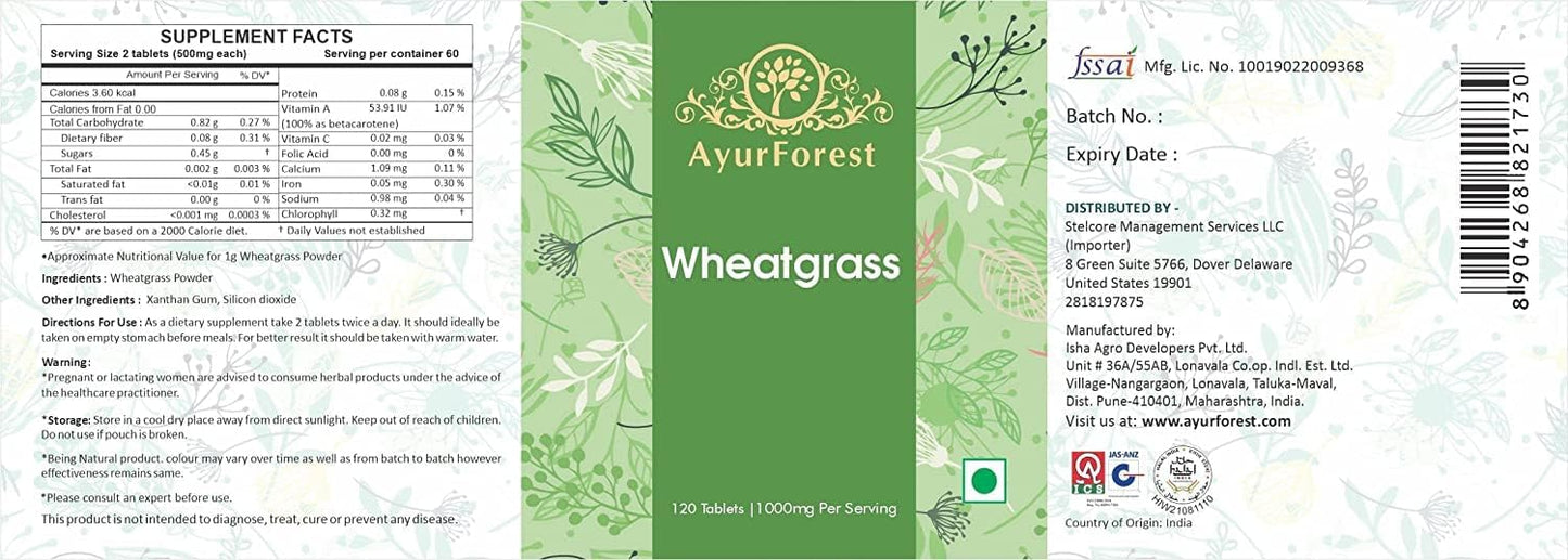AyurForest Wheatgrass Tablets - Organic Herbal Supplement, 500mg, 120 Count - görsel 5