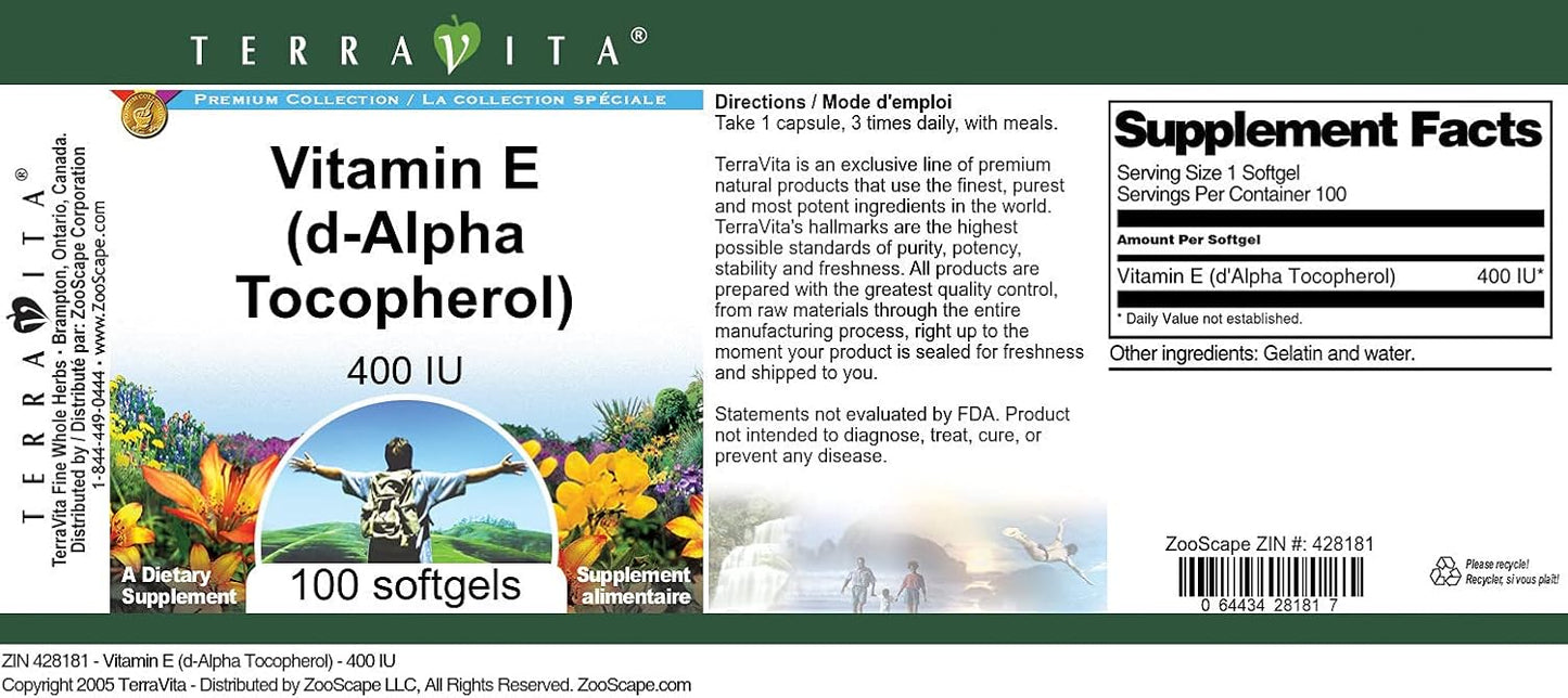 Terravita Vitamin E (d-Alpha Tocopherol) - 400 IU (100 soft capsules) - görsel 3