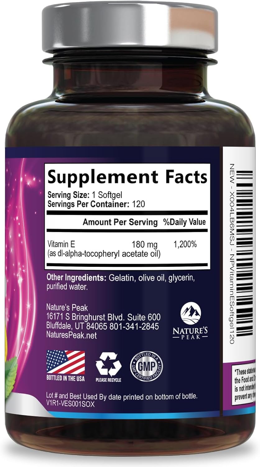 Nature's Peak Vitamin E 180 mg Soft gel capsules – Antioxidant Support for Skin, Immune and Cardiovascular Health – Non-GM, Gluten-free – 120 Soft gel capsules - görsel 9