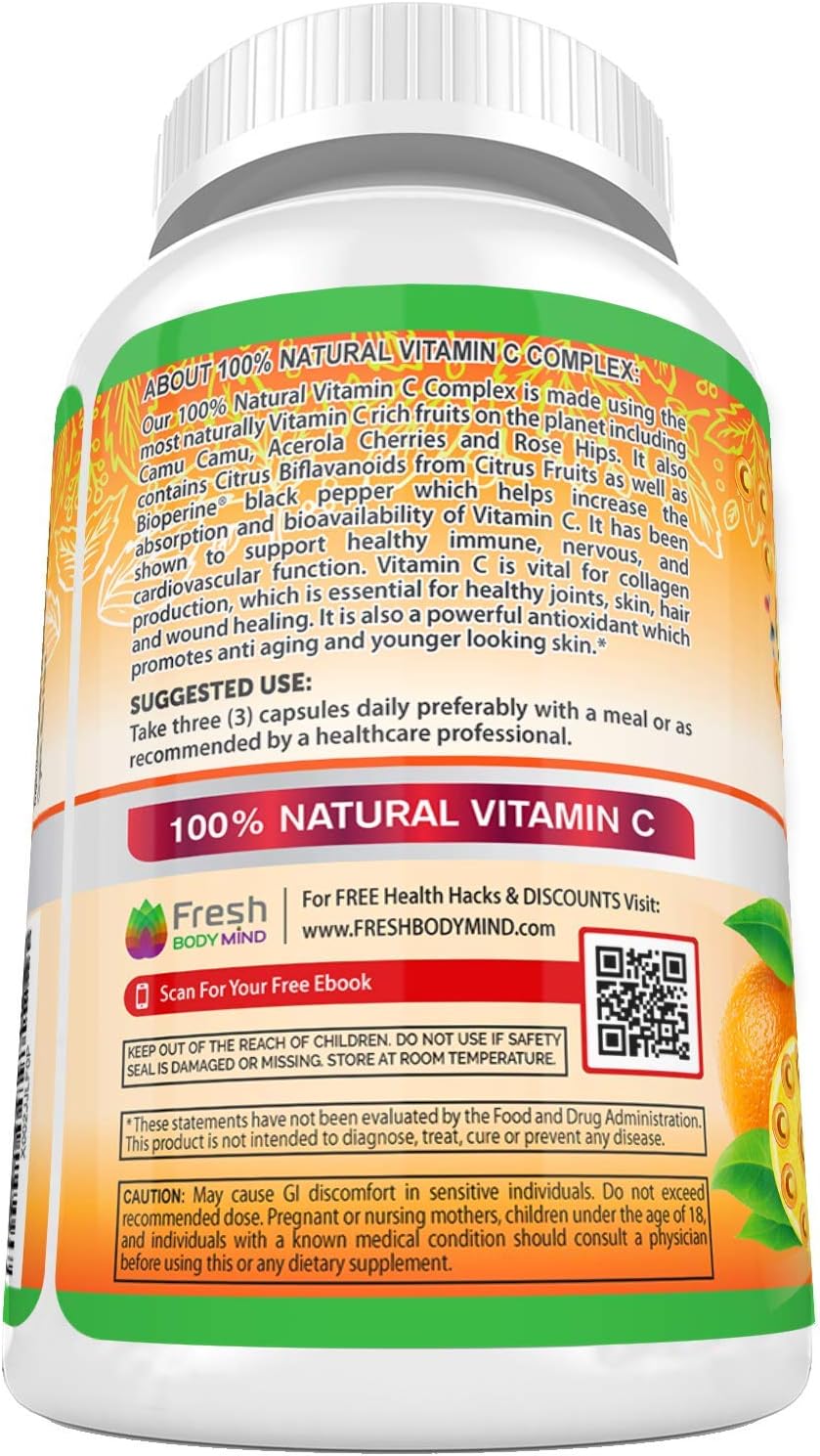 Fresh Health care Vitamin C 500mg Capsules - Wholefood from Rose Hips, Acerola & Camu Camu with Citrus Bioflavonoids & BioPerine, 120 Vegan Capsules - görsel 8