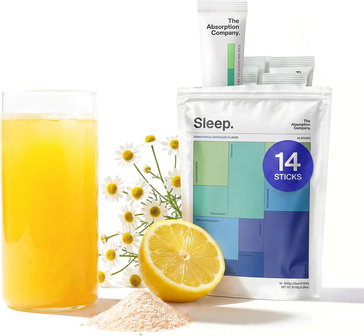 Sleep Aid Powder with Liposomal Saffron, Magnesium & PharmaGABA - Melatonin-Free Natural Supplement (Camomile Lemonade, 7 Sticks) - görsel 10