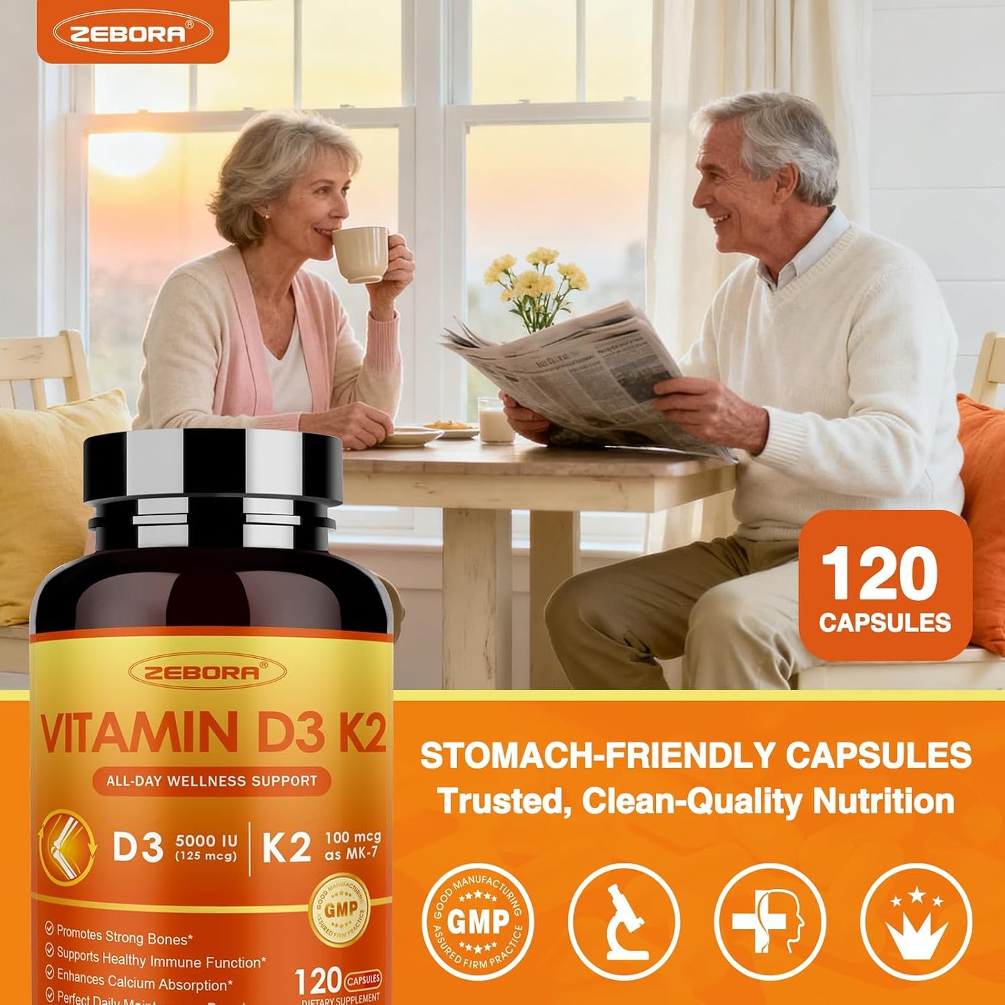 ZEBORA Vitamin D3 K2 5000 IU, 6-in-1 Supplement for Bone & Immune Support, with Magnesium, Calcium, Phosphorus & Vitamin C, 120 Capsules - görsel 7