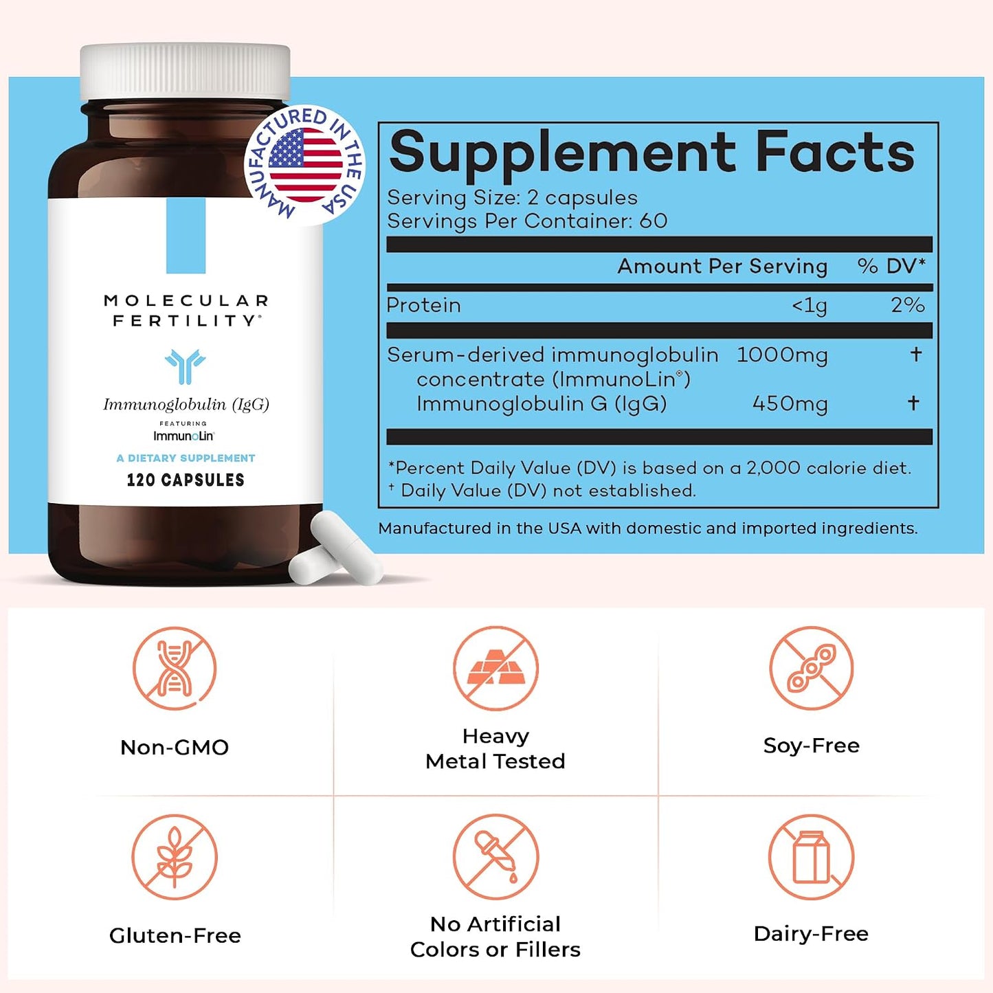 Immunoglobulin IgG Supplement for Men & Women – Dairy-Free, Bovine Colostrum Alternative – IGA, IgM, ImmunoLin for Immune Support, Gut Health, Reproductive Wellness – 60 Servings - görsel 10