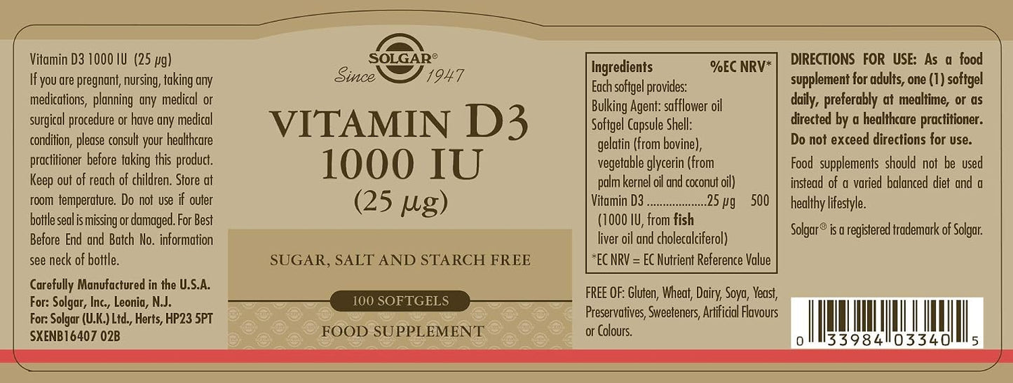Solgar Vitamin D3 (Cholecalciferol) 1000 IU Softgels, 100 Count - görsel 6