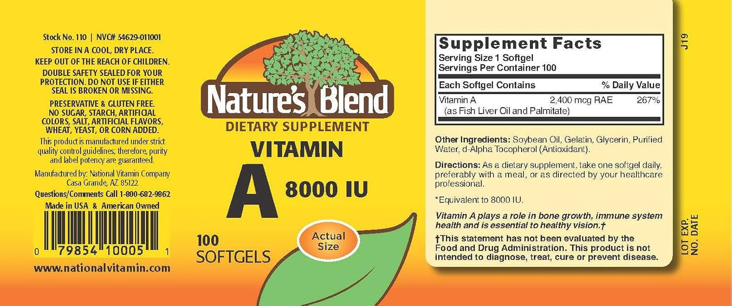 Nature's Blend Vitamin A 8000 IU (2400 µg) - 100 Softgels - görsel 2