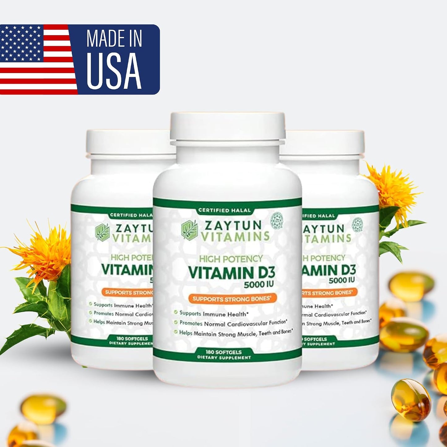 Zaytun Halal Vitamin D3 5000 IU, 6-Month Supply, Contributes to Normal Bones, Muscle Function and Immune Health, Premium Vitamin D from Safflower Oil, Non-GMO, Gluten-Free, 180 Mini Softgels - görsel 8