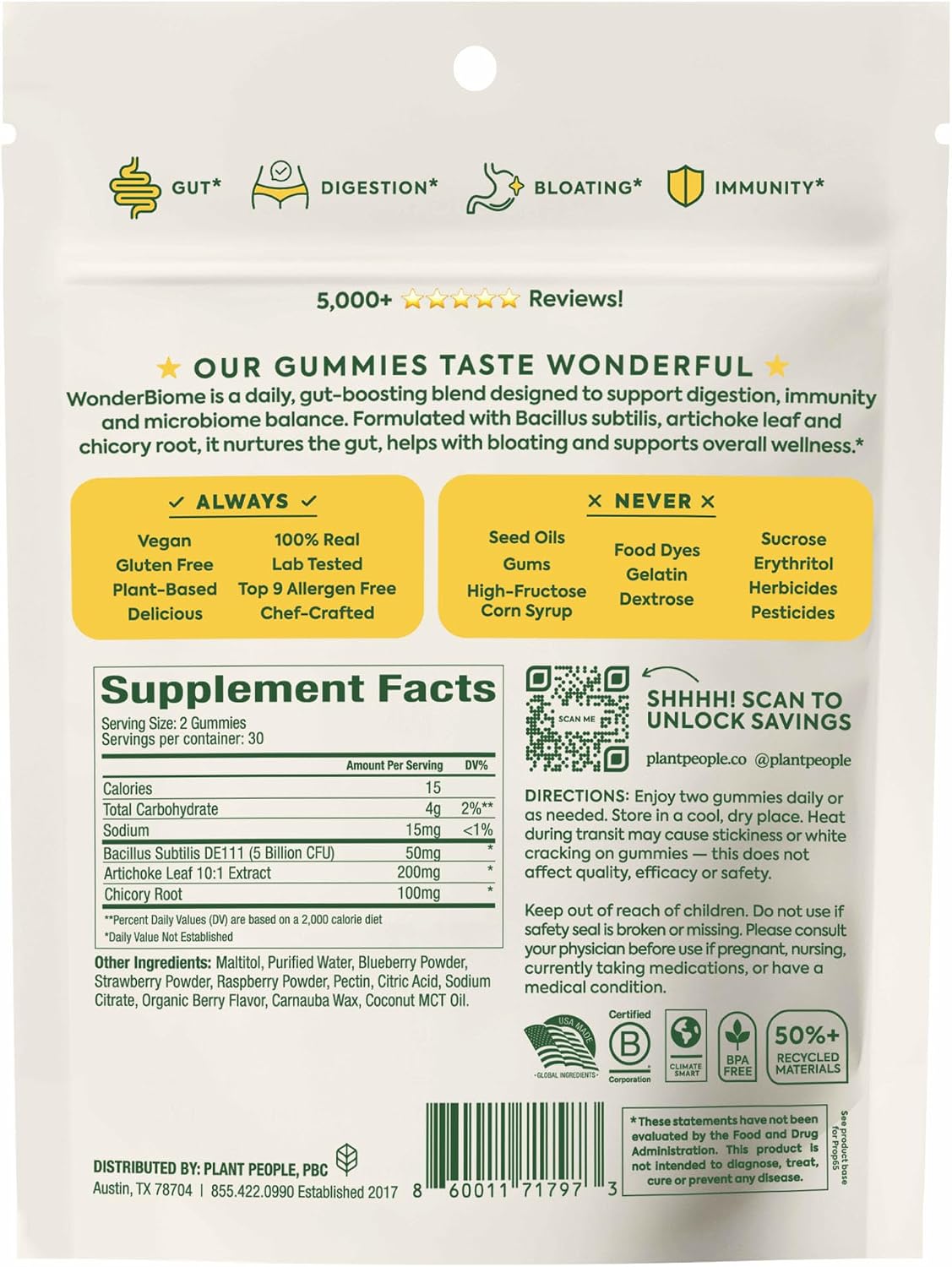 Plant People WonderBiome 2-in-1 Prebiotic + Probiotic Gummies – Zero-Sugar Vegan Digestive Health & Bloating Relief - görsel 9
