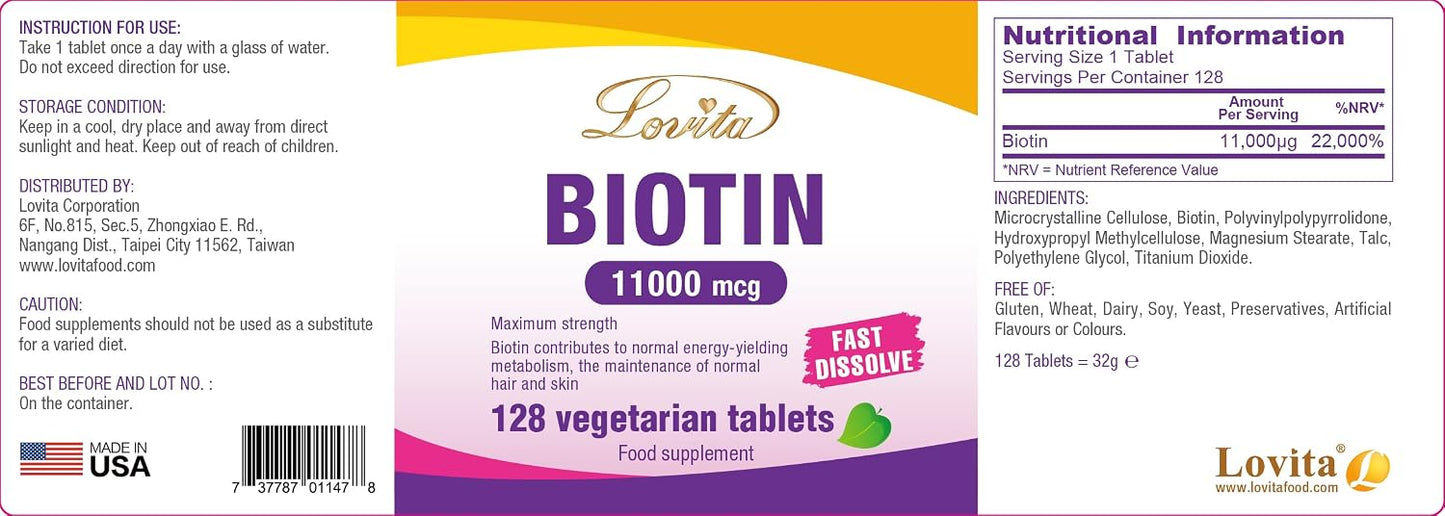 LOVITA Maximum Strength 11,000mcg Biotin: Fast-Dissolving, Vegetarian Tablets - Easily Absorbed, Gluten & Dairy-Free, 128 Vegan-Friendly Tablets (Pack of 3) - görsel 6