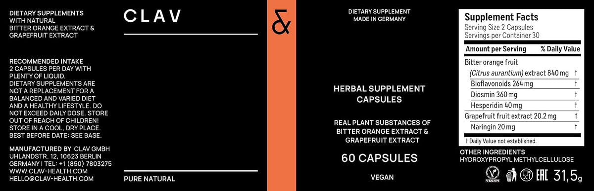 CLAV Citrus Bioflavonoids - Vegan Flavonoids Supplement with Bitter Orange and Grapefruit Extract - Antioxidant & Immune Support - 60 Capsules - görsel 10