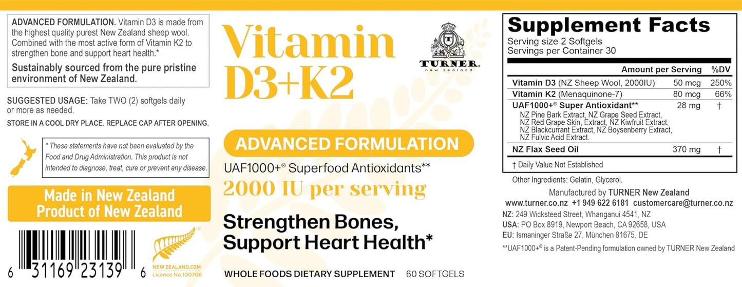 TURNER Vitamin D3 & K2 Softgels - 2000 IU D3 + 80 mcg MK-7, 120 Softgels - görsel 2