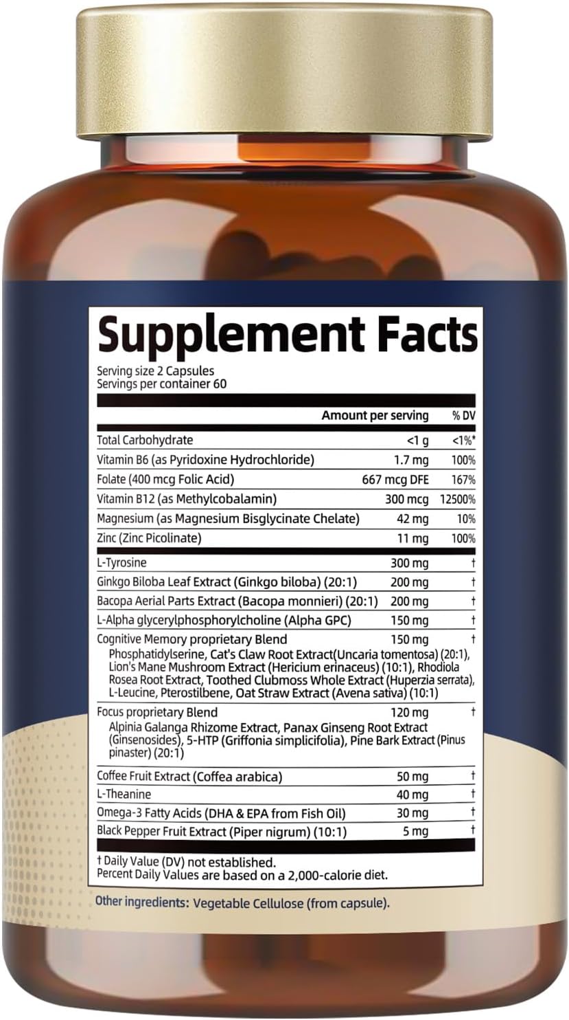 25 in 1 Brain Supplements for Memory and Focus - Nootropic Cognitive Support with L-Tyrosine, Bacopa Monnieri, Ginkgo Biloba, Alpha GPC - Non-GMO, Gluten-free - görsel 9