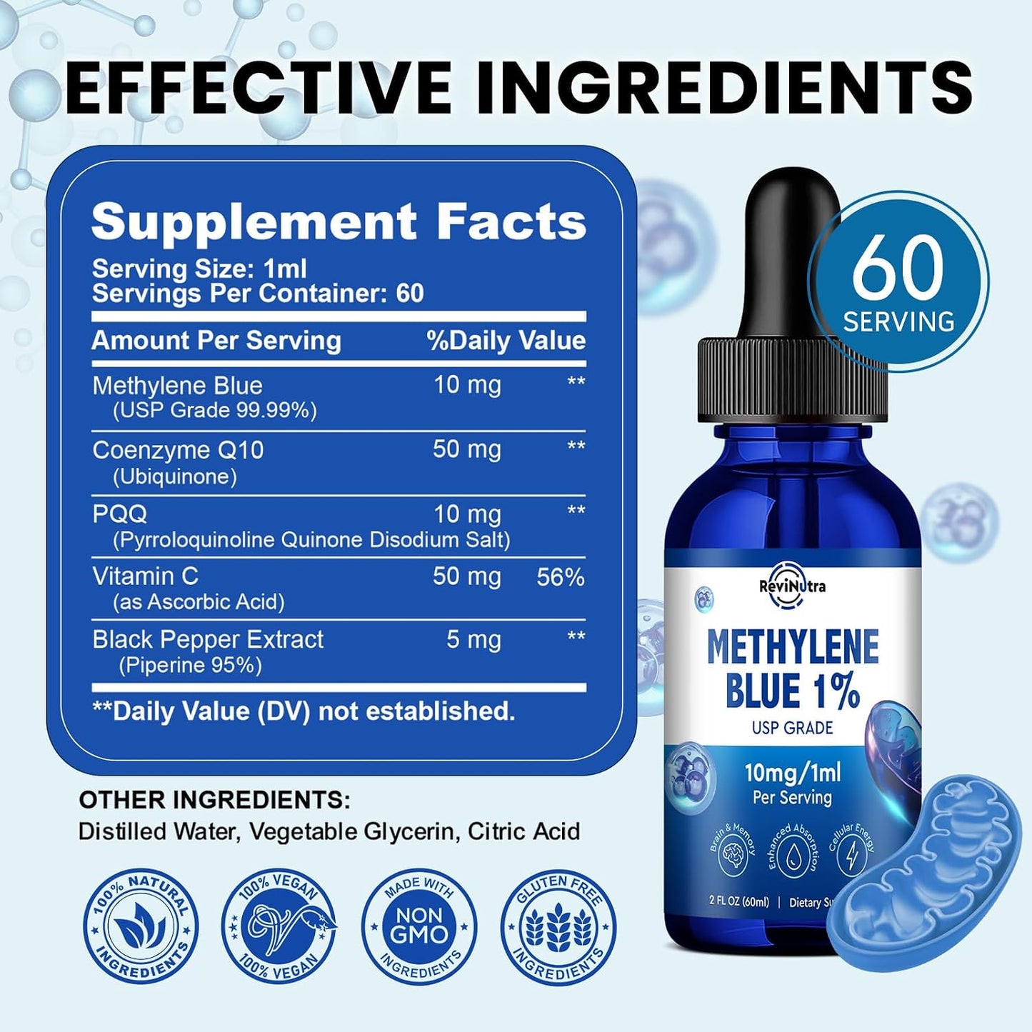 ReviNutra Methylene Blue Drops, USP Grade 1% with PQQ, CoQ10, Vitamin C & Piperine, 60 ml - görsel 8