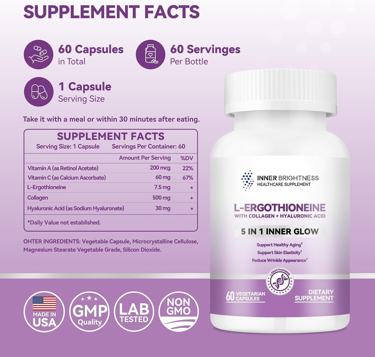 Inner Brightness L-Ergothioneine Supplements with Hyaluronic Acid & Collagen for Women – Promotes Longevity & Healthy Ageing, 60 Capsules - görsel 8