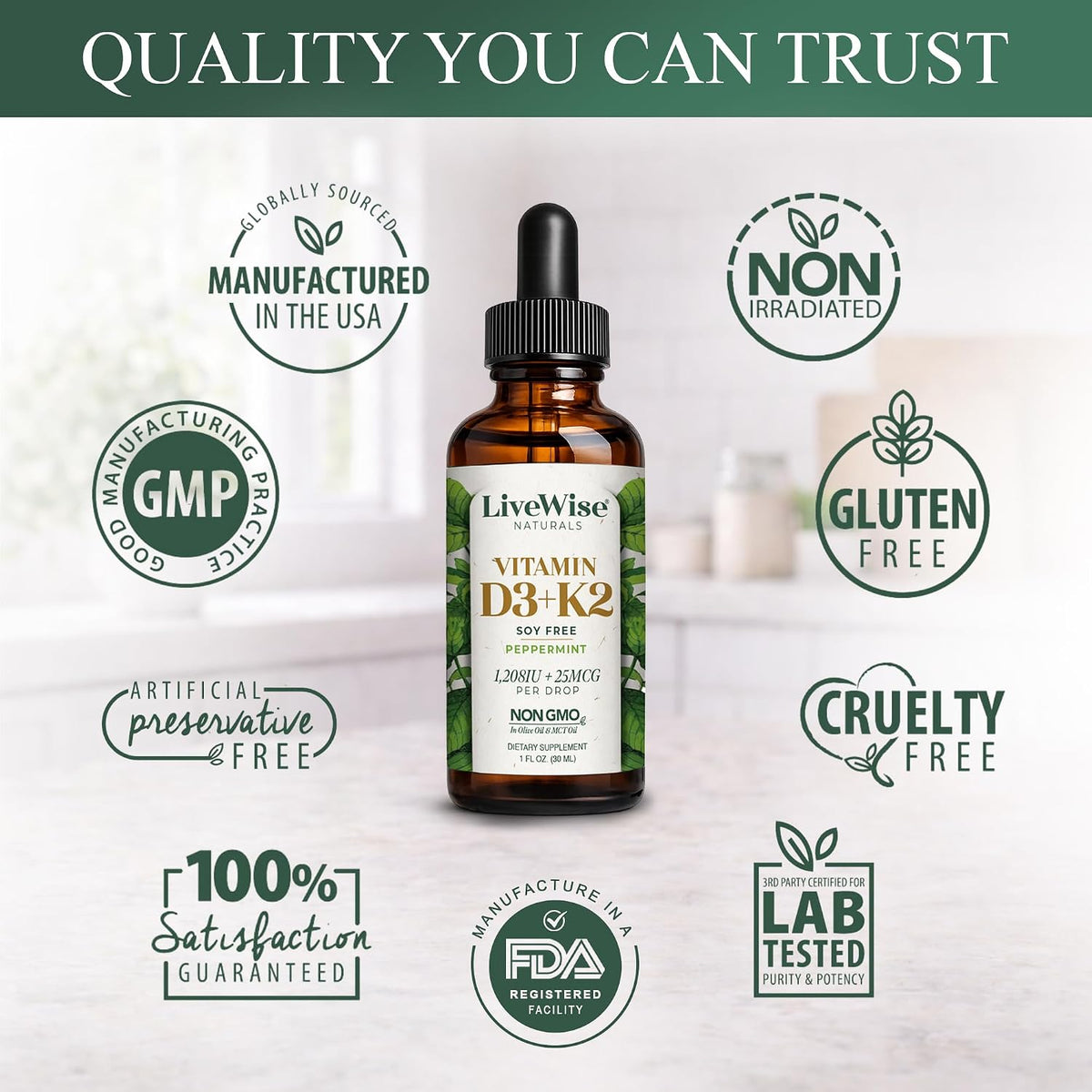 Live Wise Naturals Vitamin D3 K2 (MK-7) Peppermint Drops - 930 Drops, 1208 IU D3, 25 mcg K2 - görsel 7