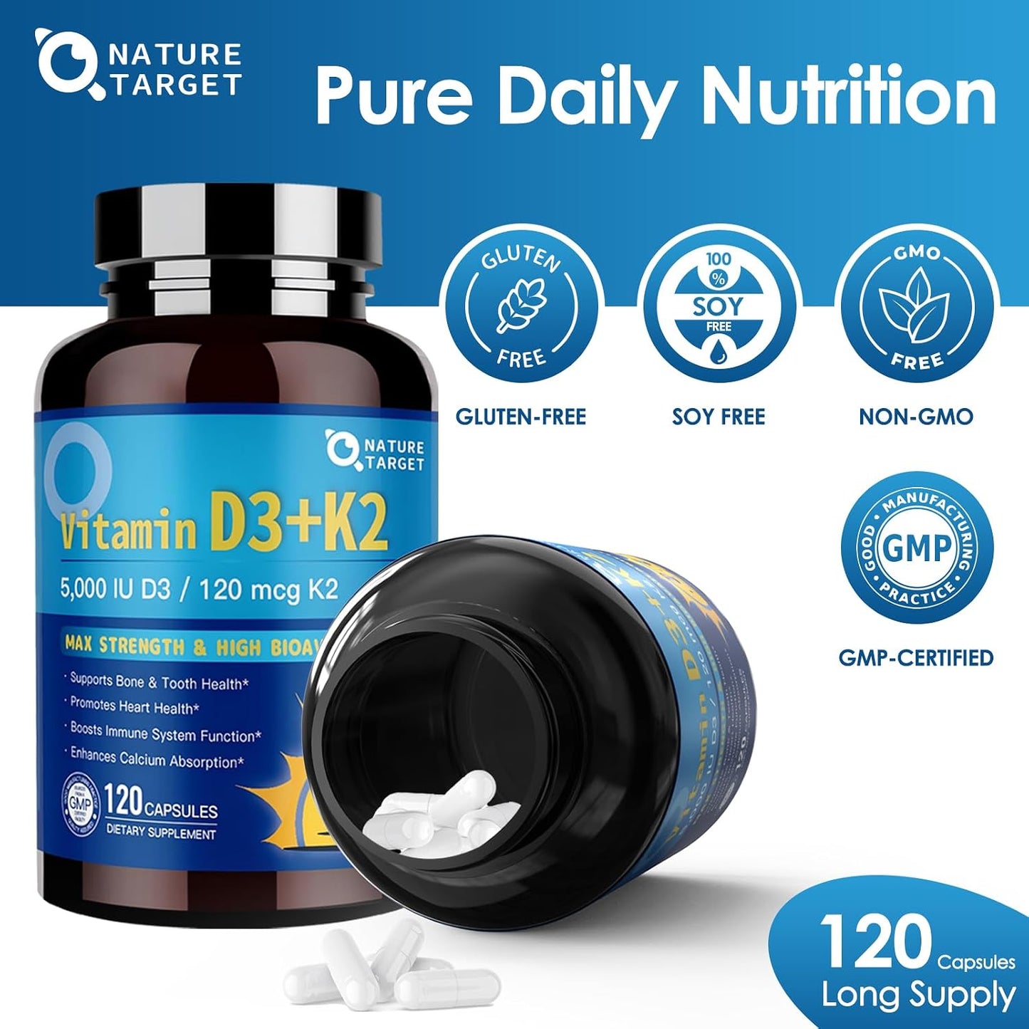NATURE TARGET Vitamin D3 K2 with Calcium & Magnesium - 6-in-1 Complex for Bone, Heart and Immune Support - görsel 7