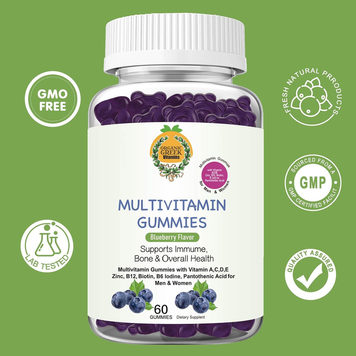 Organic Greek Multivitamin Gummies with Vitamin A, C, D, E, Zinc, B12, Biotin, B6, Iodine, Pantothenic Acid – 13 Vitamins and Minerals, Blueberry Flavour - görsel 9