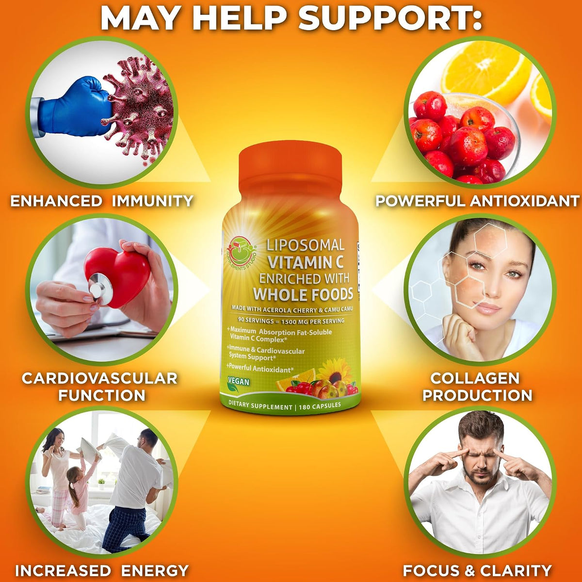 SUPPLEMENTS STUDIO Liposomal Vitamin C Capsules – 1500mg with Organic Acerola & Camu Camu – 180 Capsules – Image 6