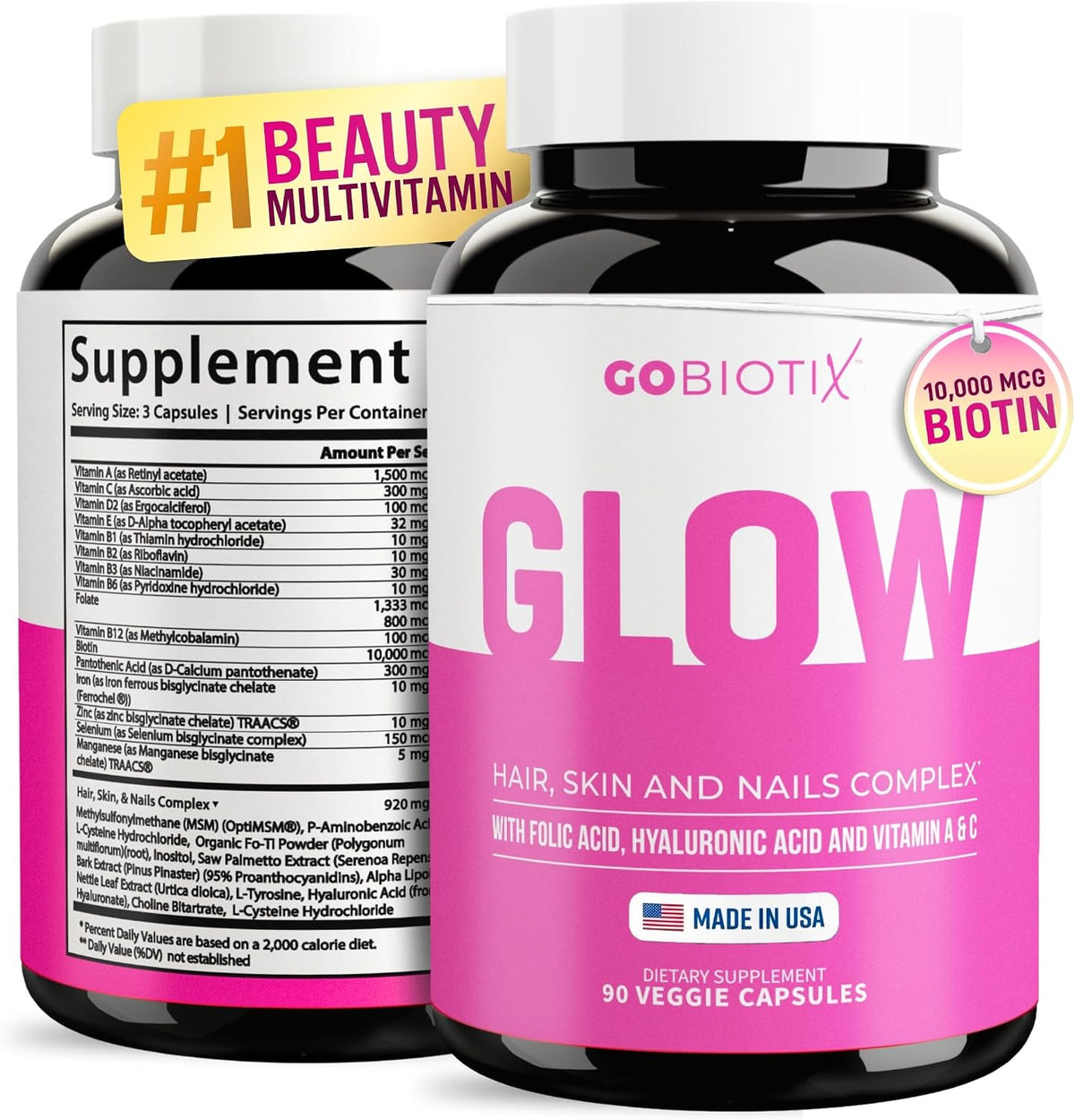 GOBIOTIX Hair, Skin & Nails Vitamins for Women — 10,000mcg Biotin, Hyaluronic Acid & MSM — 28 Vitamins with Folate & Iron — Twin Pack, 180 Capsules - görsel 10