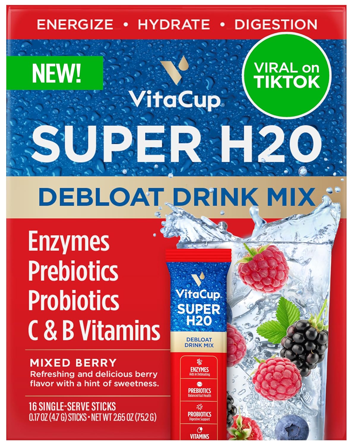 VitaCup Super H2O Bloating Relief and Digestive Health Drink Mix, Mixed Berry, 32 Packets – Image 10