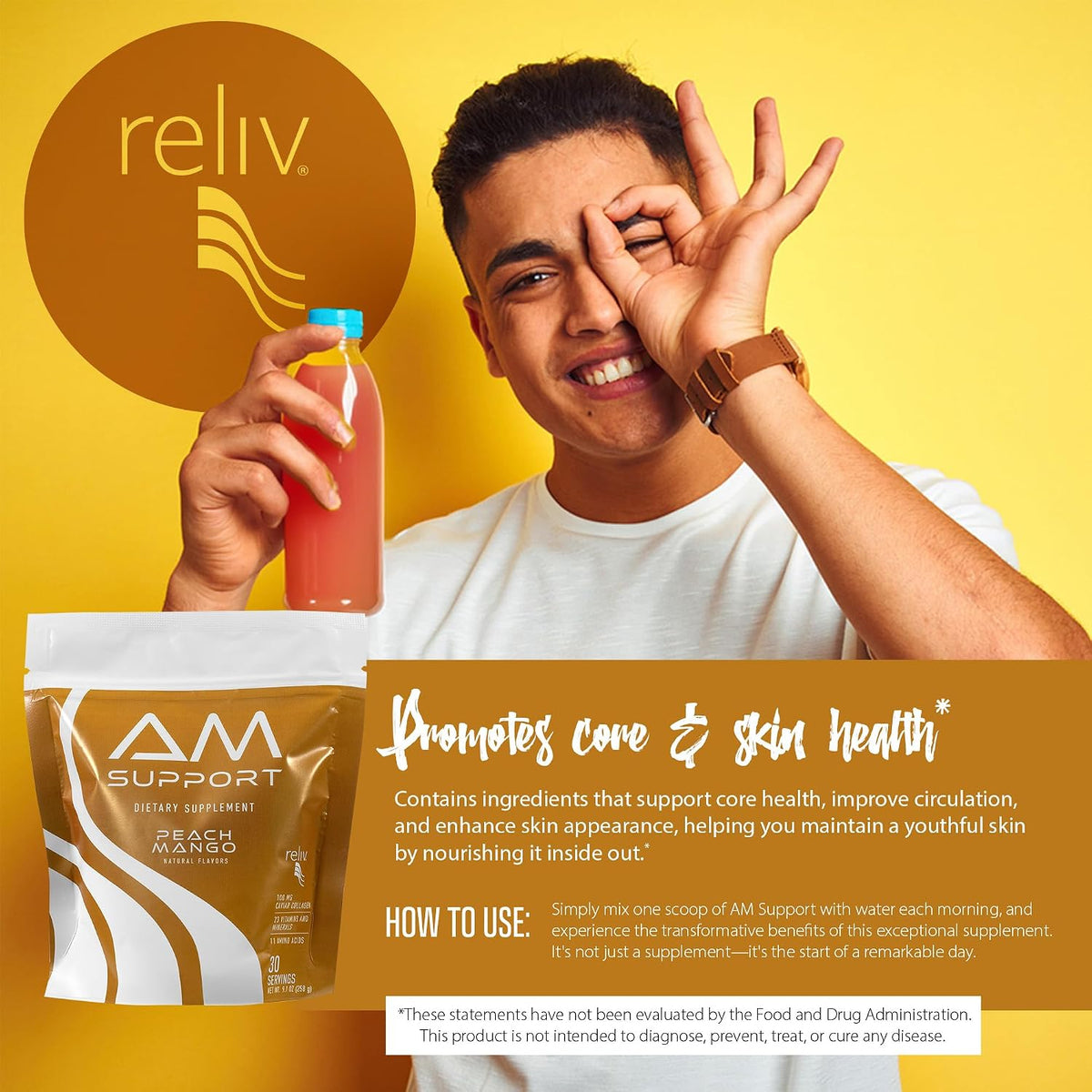 Reliv AM Support Morning Nutrition Drink Mix – Zero Calorie GLP-1 Nutritional Support with Vitamins, Minerals, Amino Acids, Prebiotic Fibre, Baobab, Ginseng & Marine Collagen - Peach & Mango - 30 Servings - görsel 6
