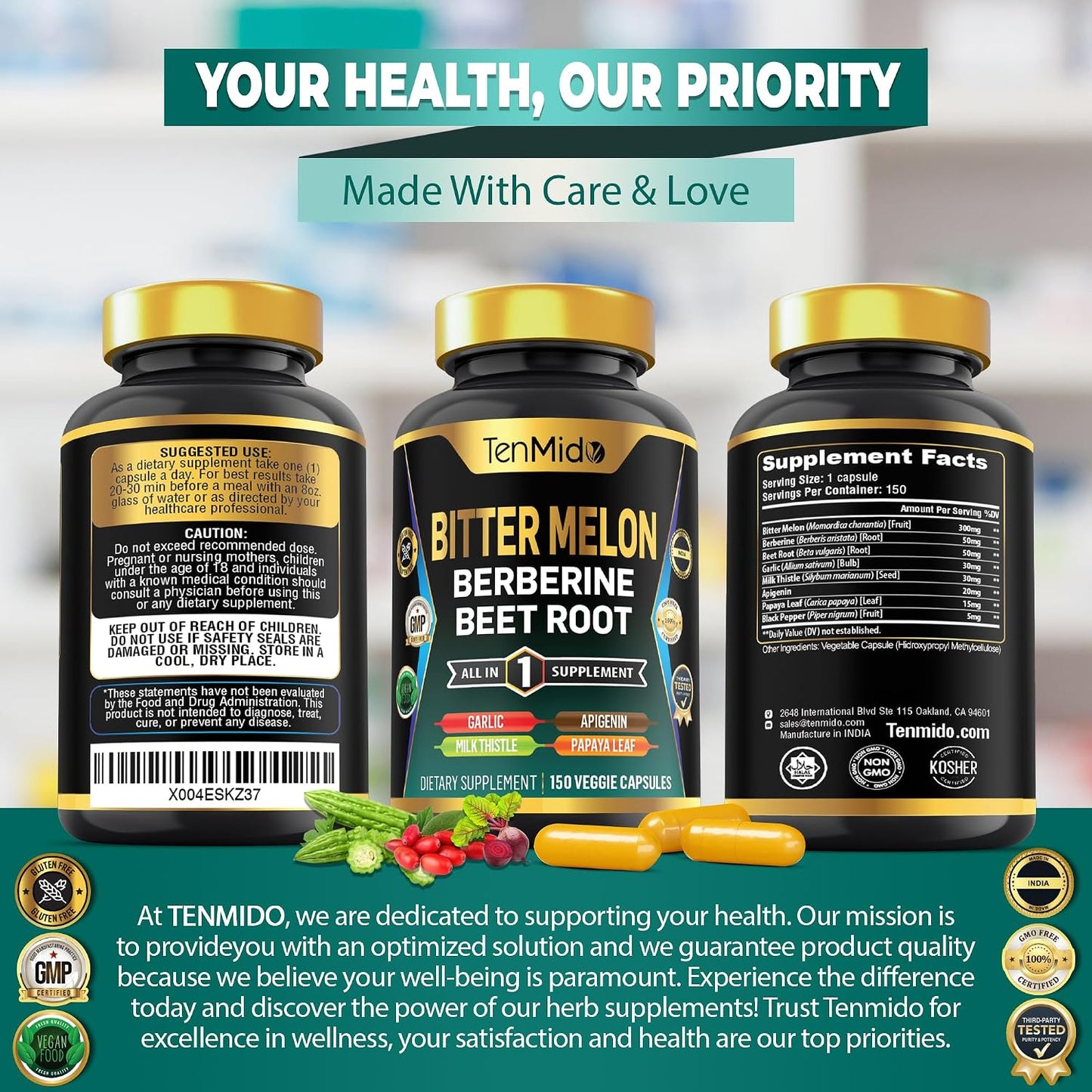 Tenmido Bitter Melon Capsules - 8in1 Formula with Berberine, Beet Root, Garlic, Milk Thistle, Apigenin, Papaya Leaf & Black Pepper (150 Vegan Capsules) - görsel 7