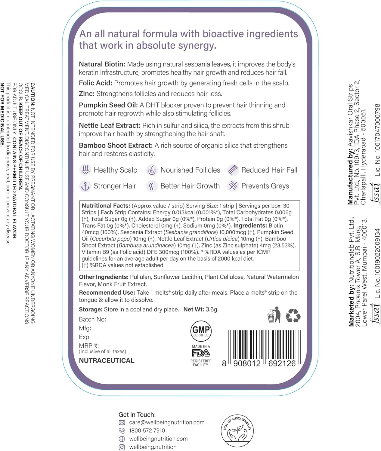 Wellbeing Nutrition Melts Healthy Hair (30 Oral Thin Strips) with Plant Based Biotin, Zinc, Bamboo Extract, Folic Acid for Hair Nourishment, Strength and Thickness - görsel 6