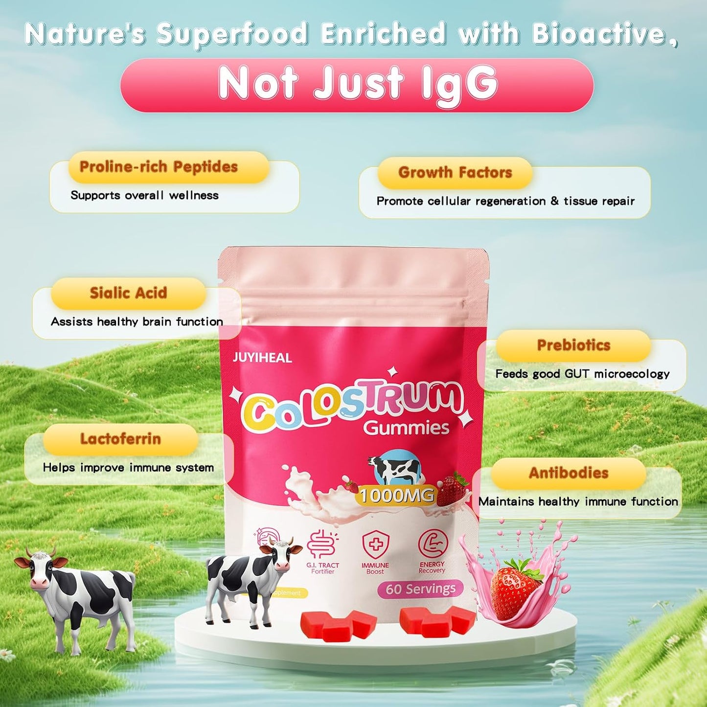 Core Bovine Colostrum Gummies – Grass-Fed Colostrum Supplement for Gut Health, Hair, Skin & Immune Support, Strawberry Flavour (60 Servings) - görsel 7