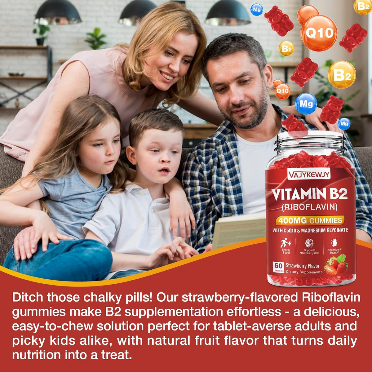 VAJYKEWJY Vitamin B2 Riboflavin 400mg Gummies for Energy & Metabolism support - Delicious Strawberry Flavour - Vegan - 120 Count - görsel 7