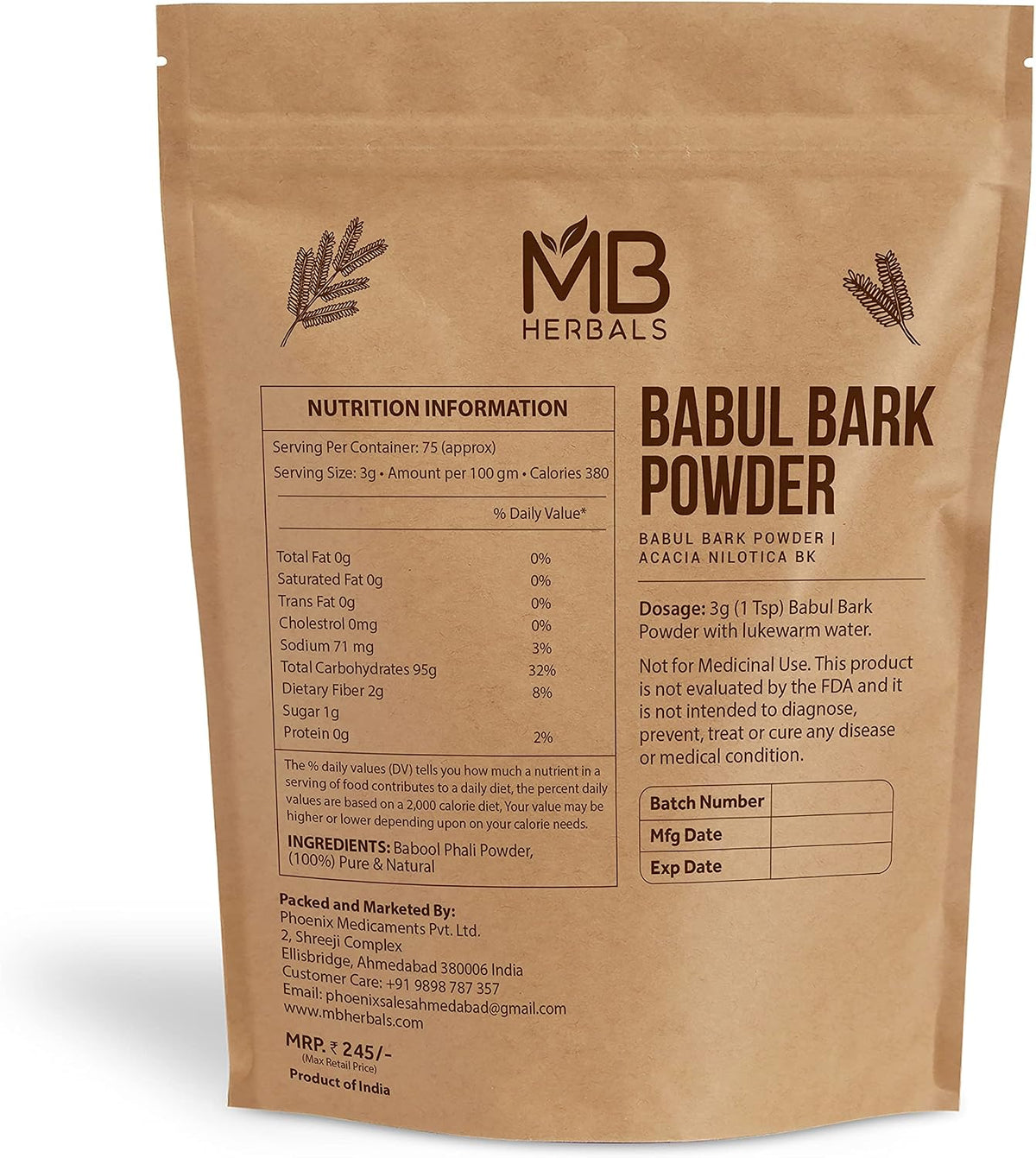 MB Herbals Babul Bark Powder - Wildcrafted Acacia Nilotica (227 g) - görsel 2
