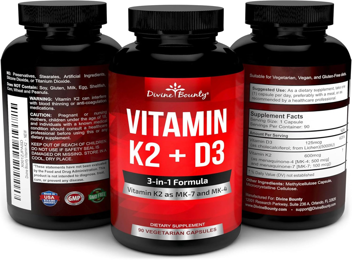 Divine Bounty Vitamin K2 (MK-7 & MK-4) with D3 - 5000 IU D3, 100mcg MK-7, 500mcg MK-4 - 90 Vegetarian Capsules - görsel 4