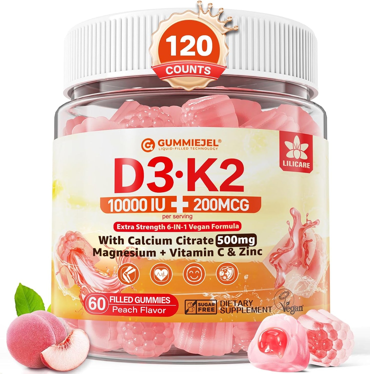 Vitamin D3 K2 Gummies with Calcium, Magnesium, Zinc - 5000 IU / 10,000 IU - Vegan, Sugar-Free, 60 Count - görsel 9