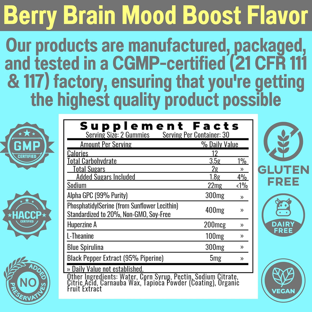 Alpha GPC Huperzine A PhosphatidylSerine L-Theanine Blue Spirulina Bioperine Gummies - görsel 6
