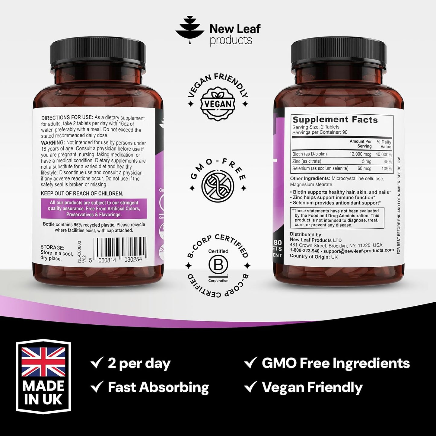 Biotin Hair, Skin and Nails Vitamins 12000mcg High Strength – Supports Normal Hair, Skin & Nails – Vegan, 180 Tablets (3 Month Supply) – Made in UK by New Leaf - görsel 7