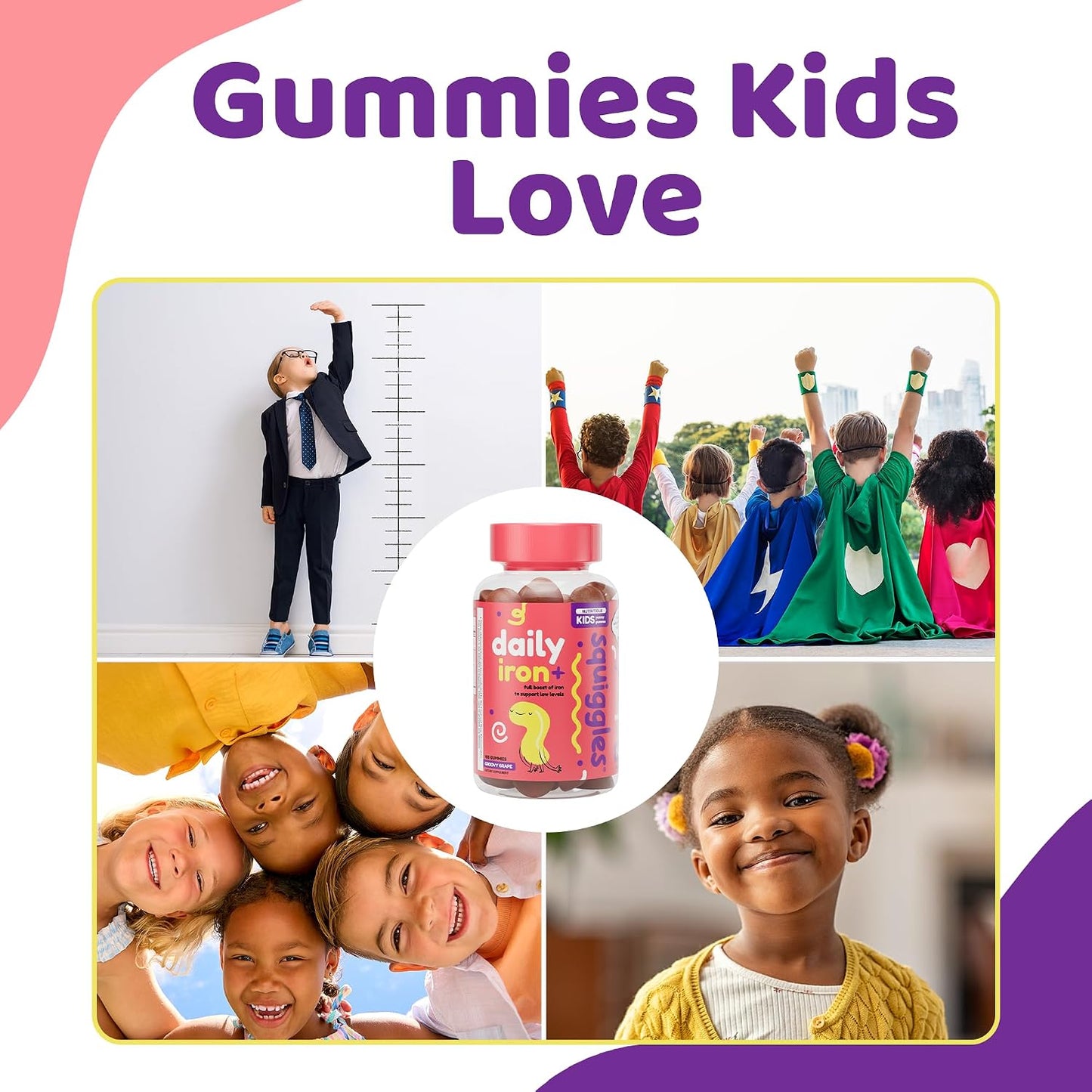 Squiggles Children's Daily Iron+ Gummies - Low Sugar, Vegan, Grape Flavour (100 Count) - görsel 7