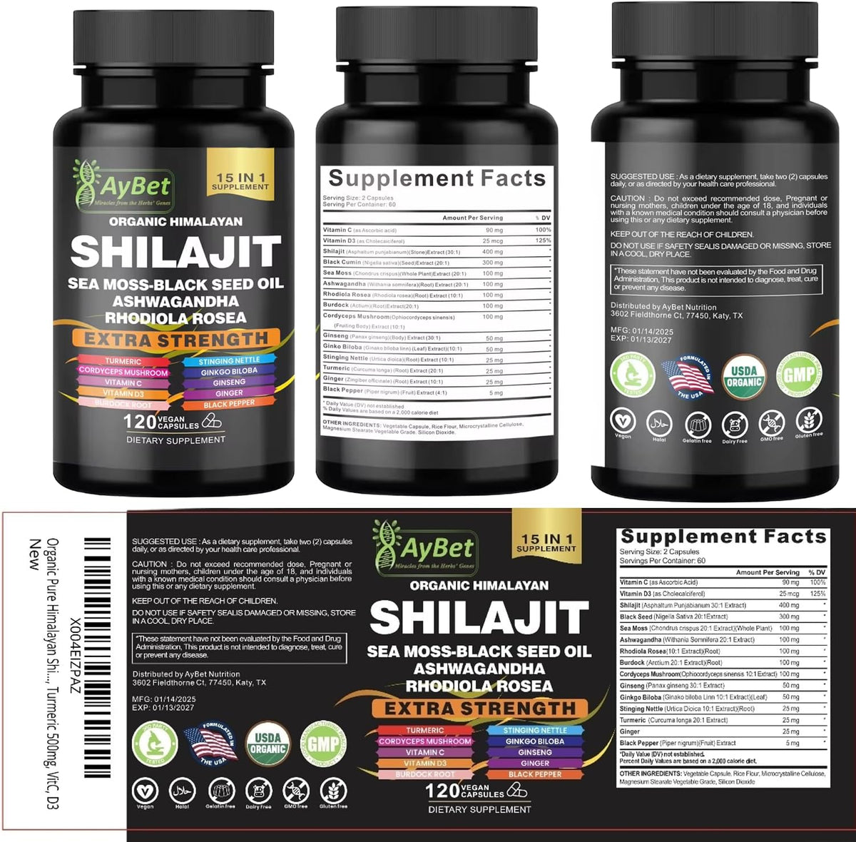 AyBet Organic Himalayan Shilajit Capsules with Sea Moss, Ashwagandha, and Herbal Blend - 120 Capsules - görsel 8