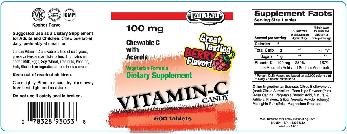 LANDAU Vitamin C Chewable 100 mg - 500 Chewable Tablets with Acerola, Berry Flavour - görsel 2