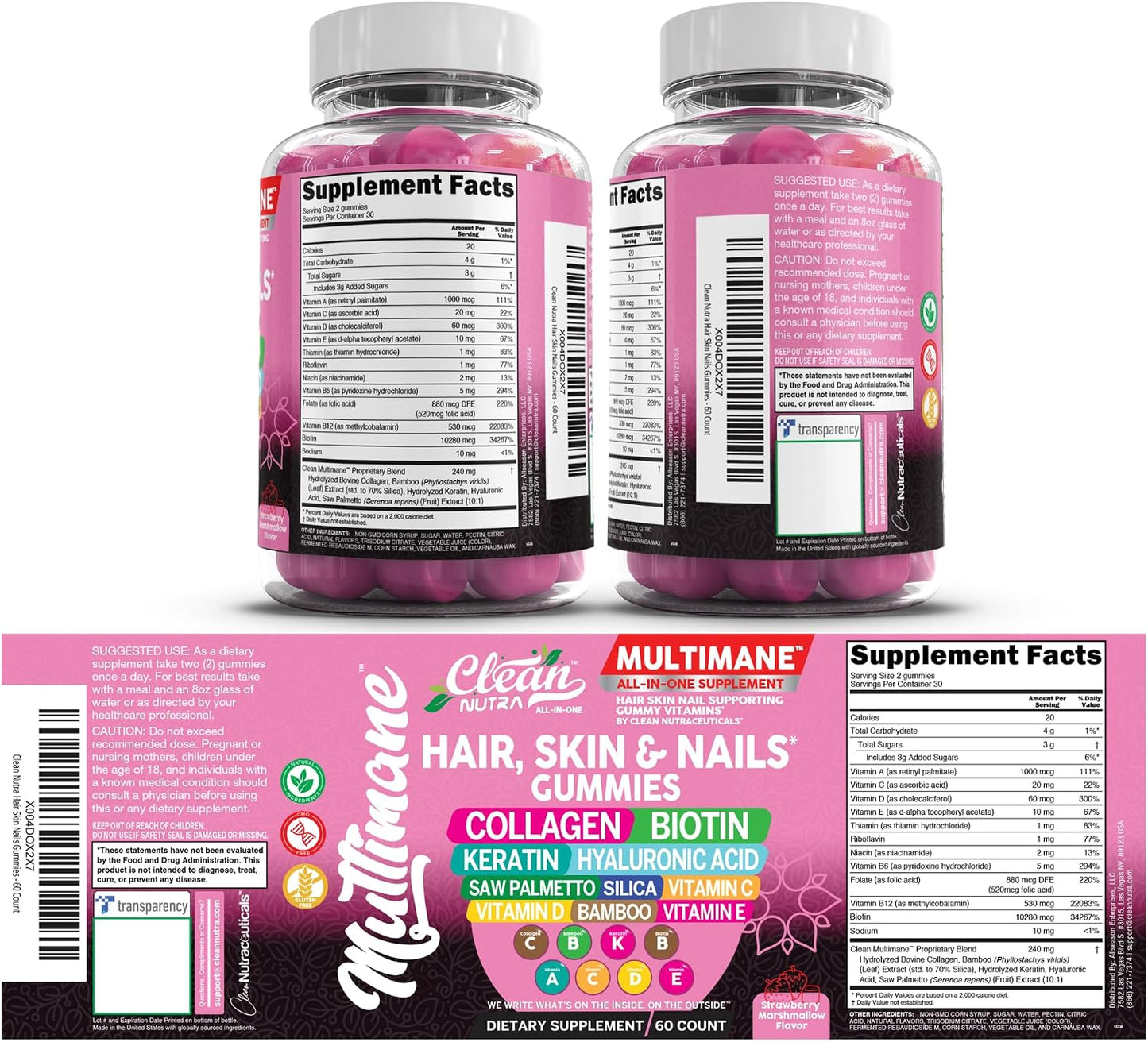Clean Nutraceuticals Biotin Collagen Keratin Gummies | Hair, Skin and Nails Vitamins for Women | Hyaluronic Acid Bamboo Vitamin A C D3 E Folate with Saw Palmetto Silica B3 B12 Vegan Gummy - görsel 9