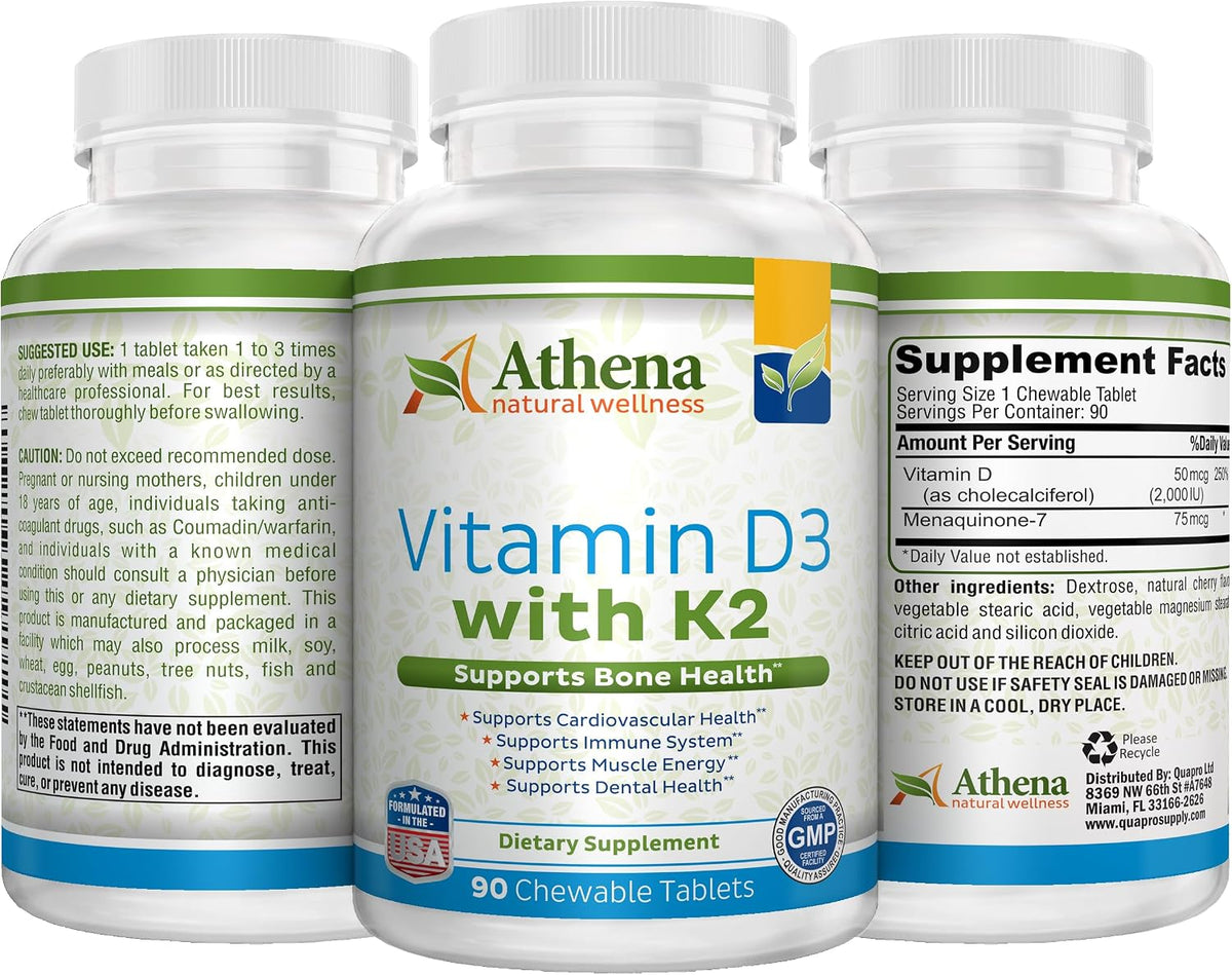 Athena Vitamin D3 2000IU with K2 (MK-7) - 90 Chewable Tablets - görsel 4