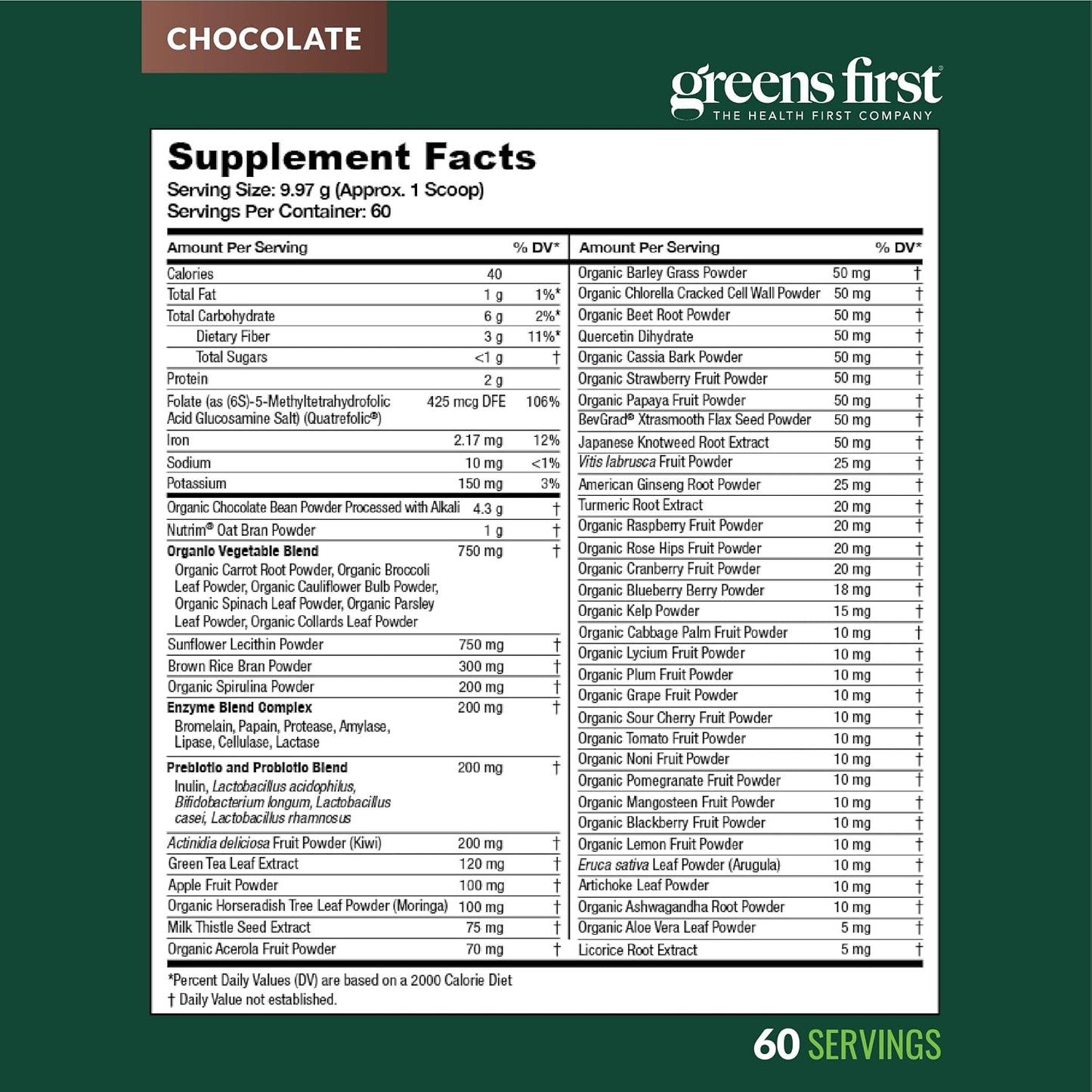 Greens First Original Greens Powder - 49 Superfoods with Prebiotics & Probiotics, Chocolate (60 Servings) - görsel 9