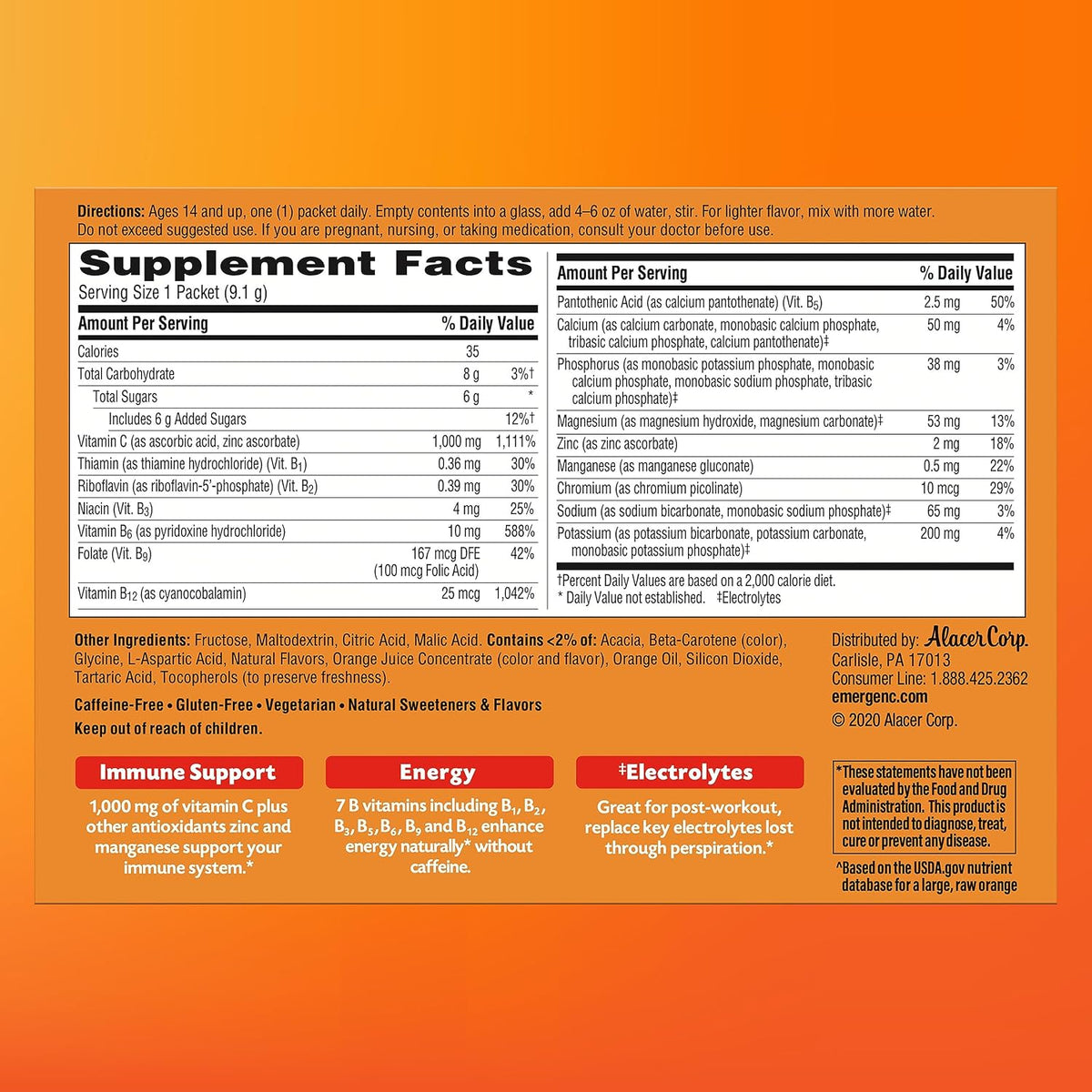 Emergen-C 1000mg Vitamin C Powder for Daily Immune Support, Super Orange Flavour – 60 Sachets - görsel 6